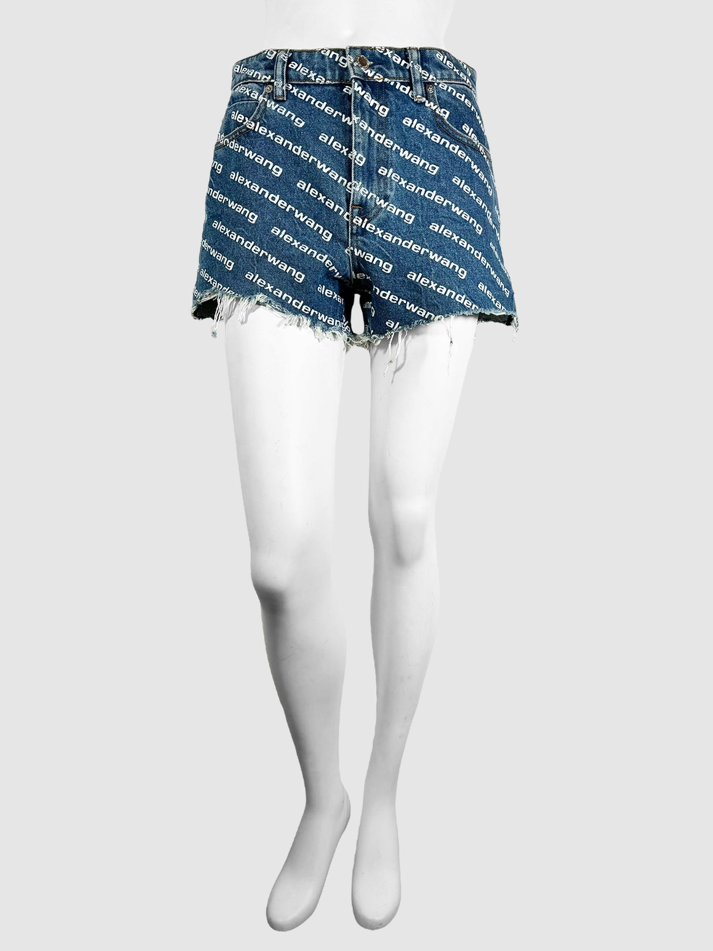 Alexander Wang Blue with White Text "Bite" Logo High-Waisted Denim Shorts with Raw Hem Size 27 Consignment Secondhand Designer Luxury Resale Toronto Trendy