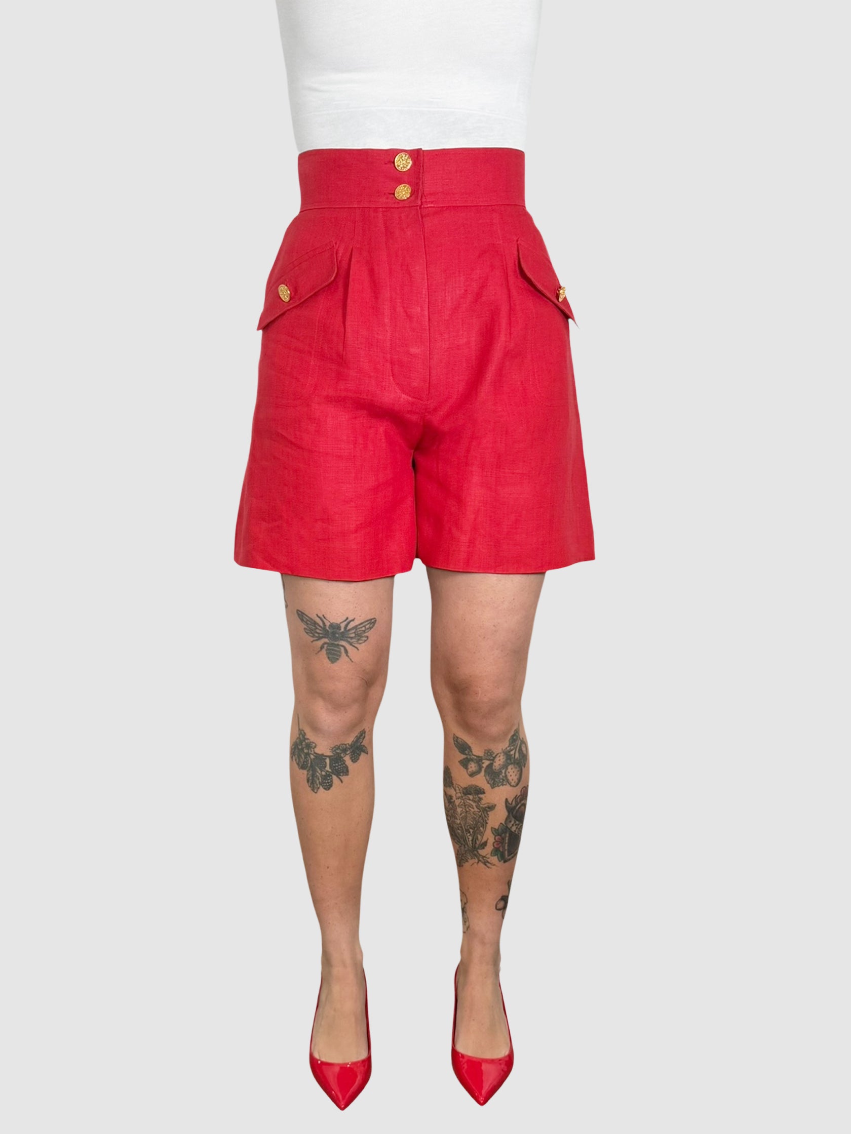 Chanel Red Linen High Rise Tailored Shorts with Double Gold-Tone Buttons, Size FR 36 luxury designer resale consignment summer bottoms secondhand Toronto Canada 