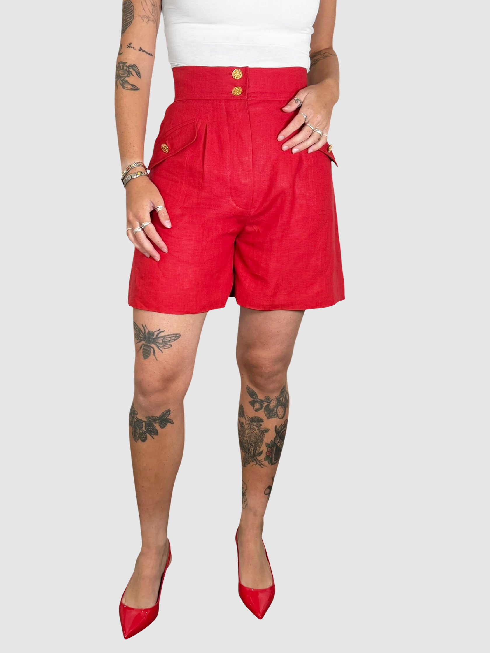 Chanel Red Linen High Rise Tailored Shorts with Double Gold-Tone Buttons, Size FR 36 luxury designer resale consignment summer bottoms secondhand Toronto Canada