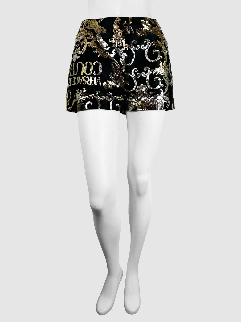 Versace Jeans Couture Black, Gold, and Silver High-Waisted Baroque Metallic Jacquard Satin Shorts with Side Zip Closure Size 4 Consignment Secondhand Designer Luxury Resale Toronto Trendy