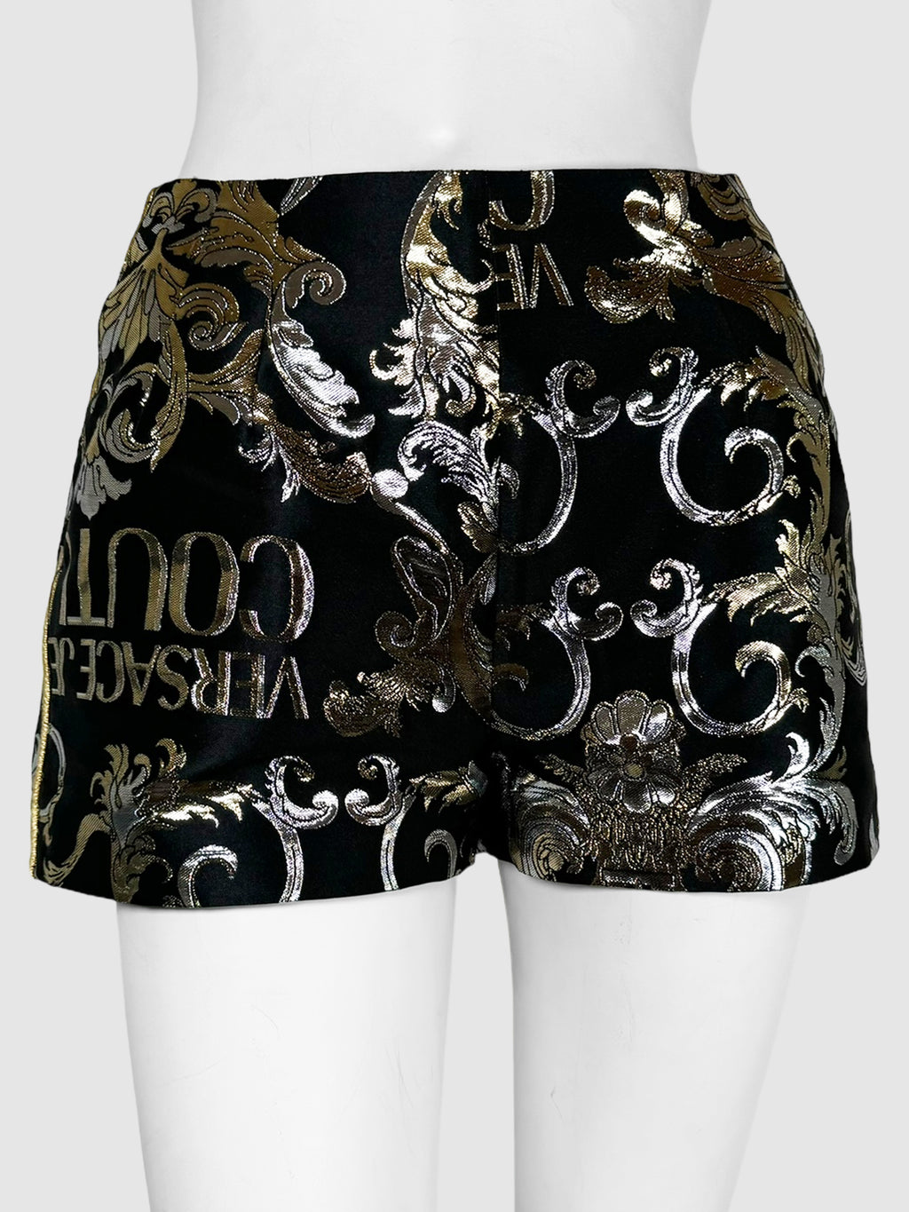 Versace Jeans Couture Black, Gold, and Silver High-Waisted Baroque Metallic Jacquard Satin Shorts with Side Zip Closure Size 4 Consignment Secondhand Designer Luxury Resale Toronto Trendy