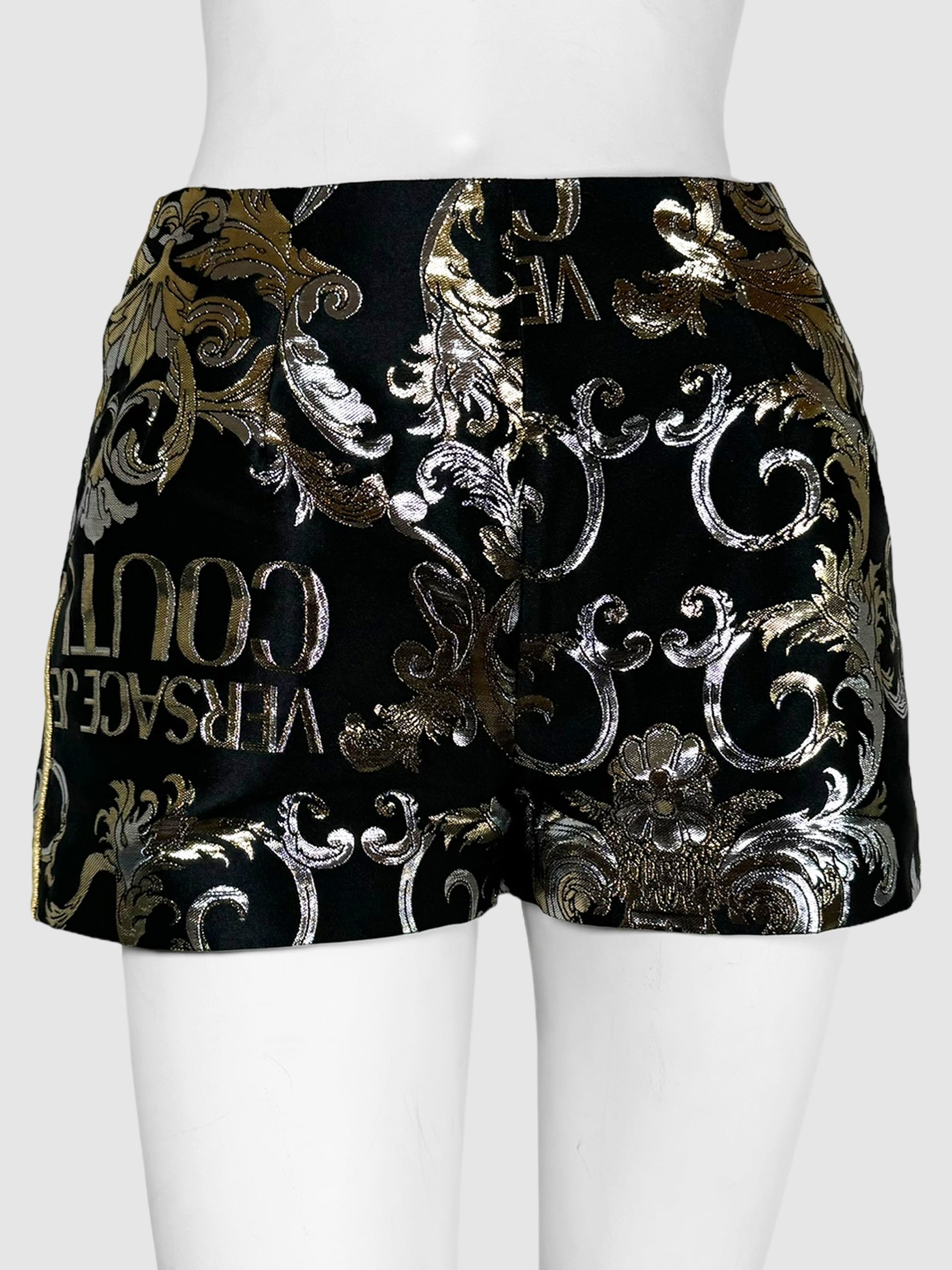 Versace Jeans Couture Black, Gold, and Silver High-Waisted Baroque Metallic Jacquard Satin Shorts with Side Zip Closure Size 4 Consignment Secondhand Designer Luxury Resale Toronto Trendy