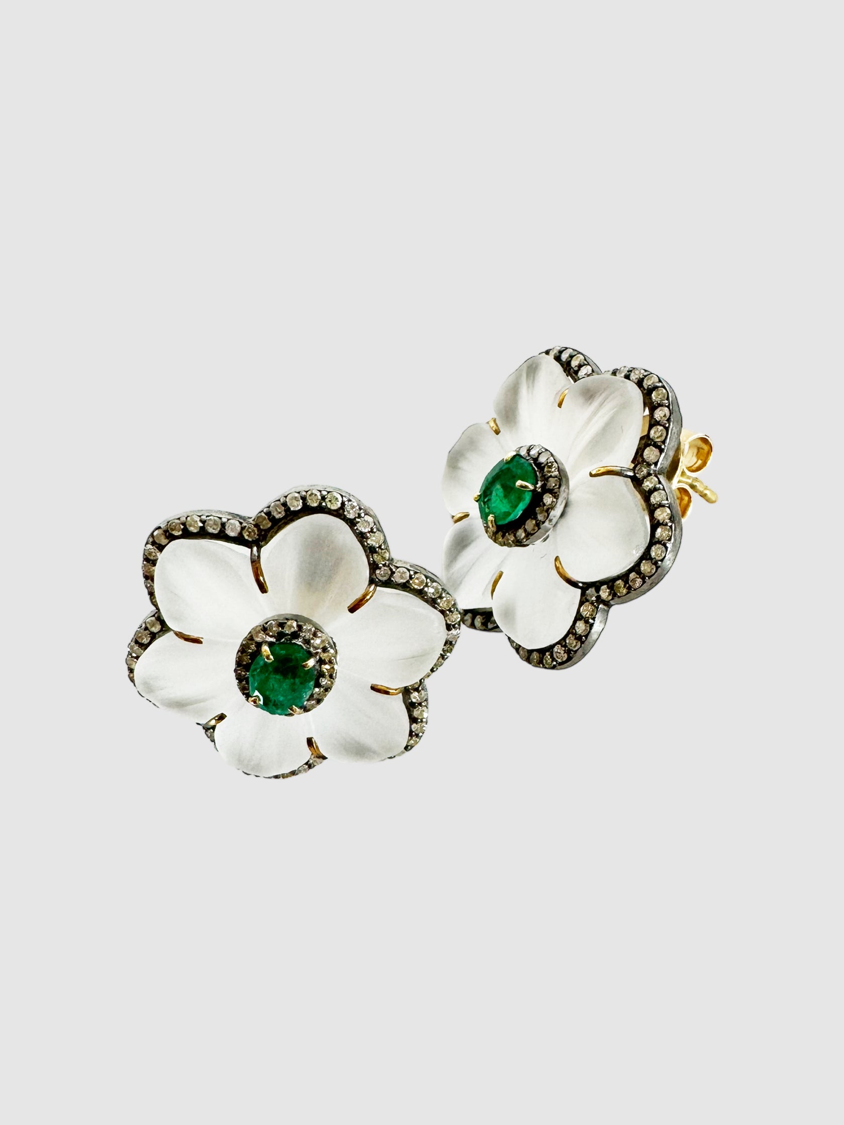 Flower Victorian Diamond Emerald Earrings