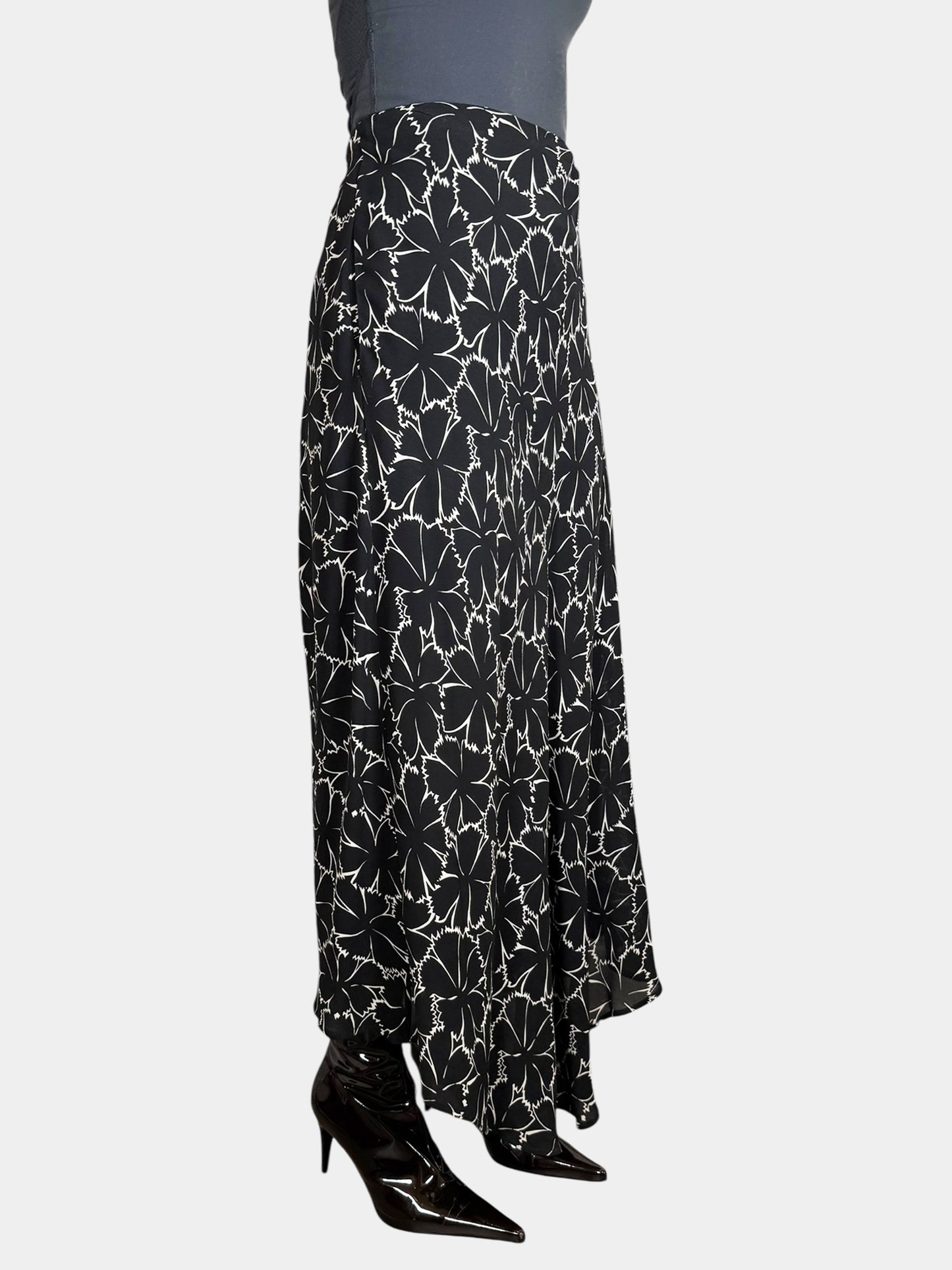 Celine Black and White Asymmetric Floral Print Maxi Skirt, Size 38 Luxury Designer Resale Consignment Toronto Secondhand