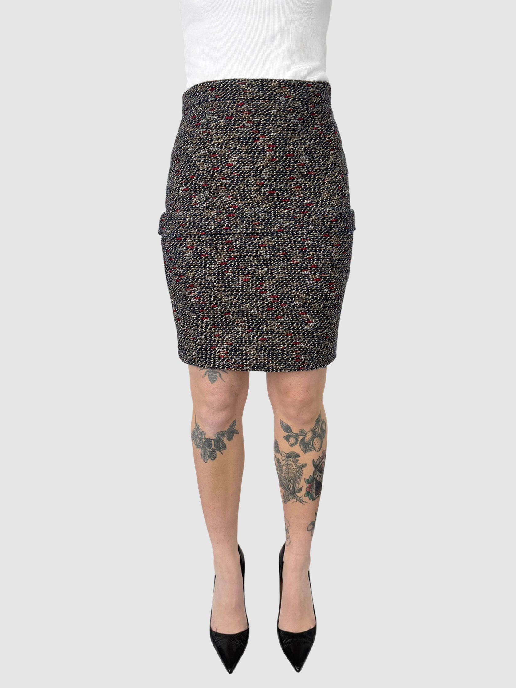 Chanel Beige, Blue, and Red Tweed Pencil Mini Skirt, Size 38 luxury designer resale consignment secondhand toronto canada