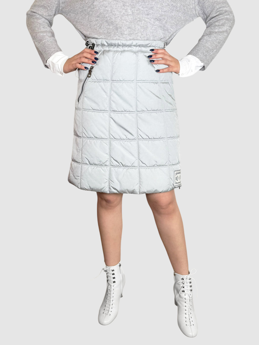Chanel Light Grey Quilted Puffer Knee-Length Skirt with Adjustable Waist Drawstring, Size 38 Luxury Designer Resale Consignment Toronto Secondhand Canada