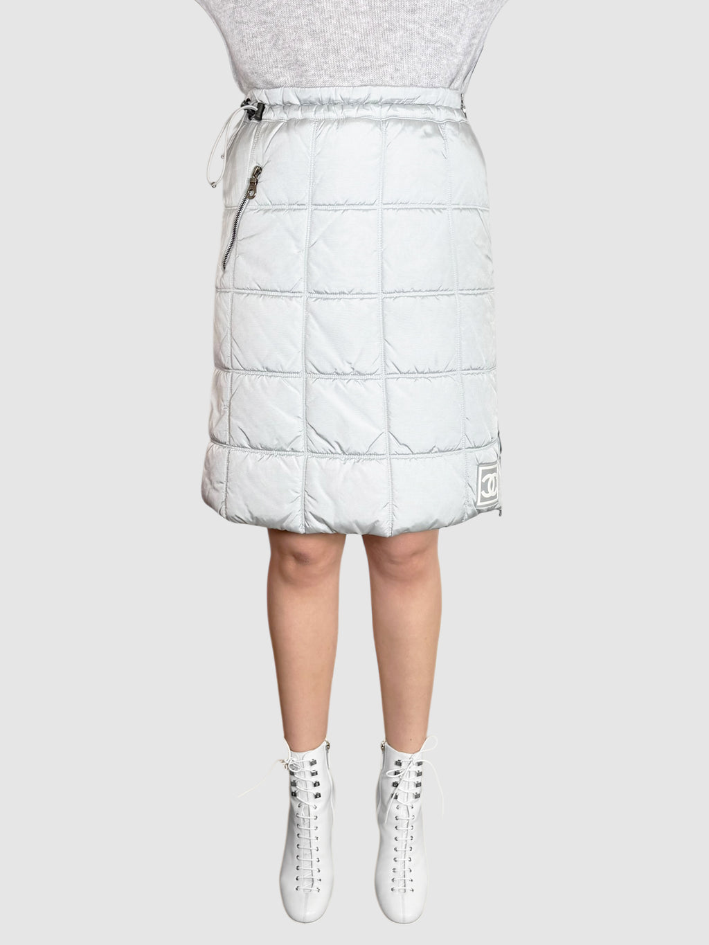 Chanel Light Grey Quilted Puffer Knee-Length Skirt with Adjustable Waist Drawstring, Size 38 Luxury Designer Resale Consignment Toronto Secondhand Canada