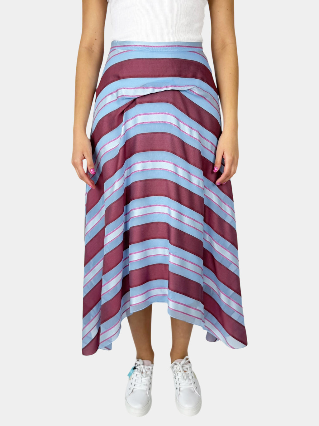 Stripe Silk Asymmetrical Skirt