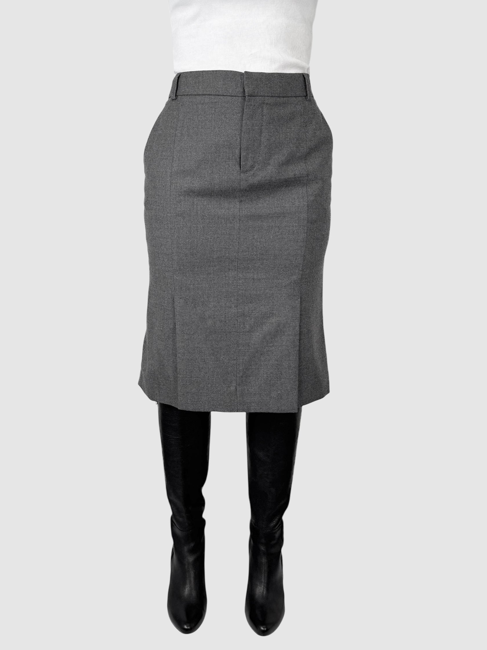Tom Ford Grey Wool Blend Ruffle Pencil Skirt, Size 42 luxury designer resale consignment toronto secondhand canada