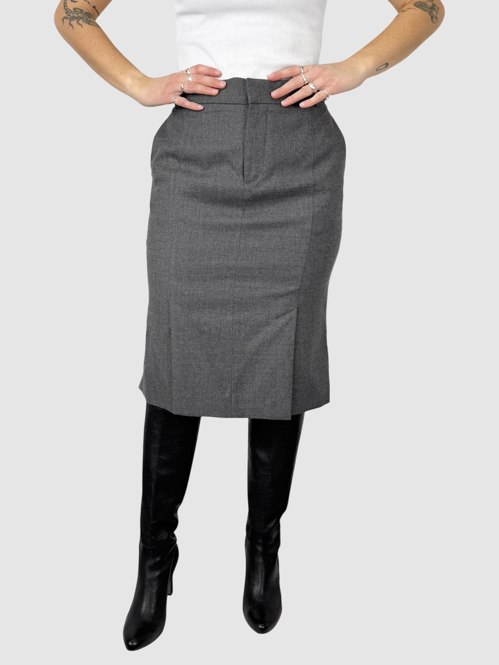 Tom Ford Grey Wool Blend Ruffle Pencil Skirt, Size 42 luxury designer resale consignment toronto secondhand canada