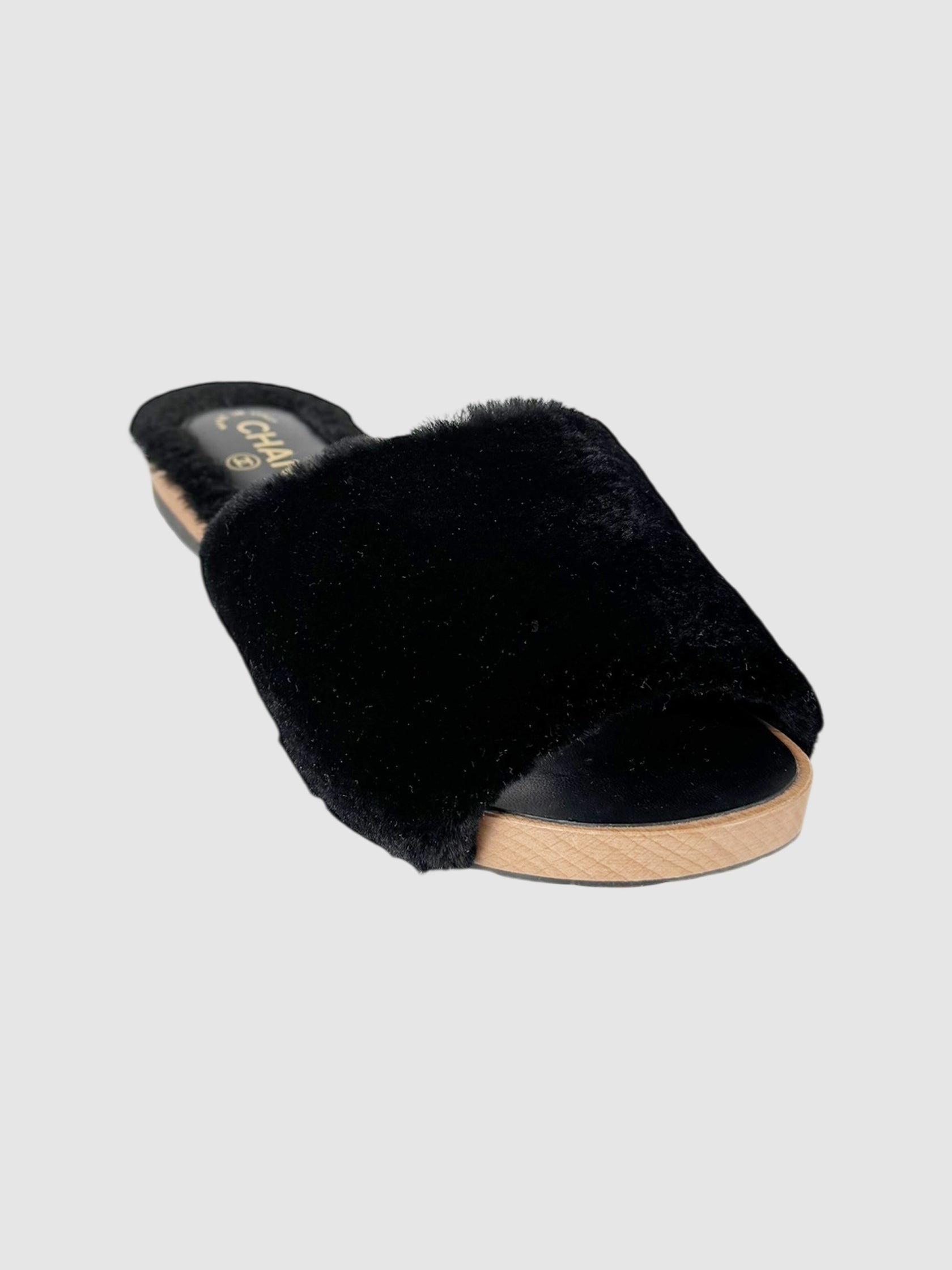 Chanel 2017 Black CC Fur Sandals, Size 40 Luxury Designer Resale Consignment Vintage Secondhand Toronto RealReal