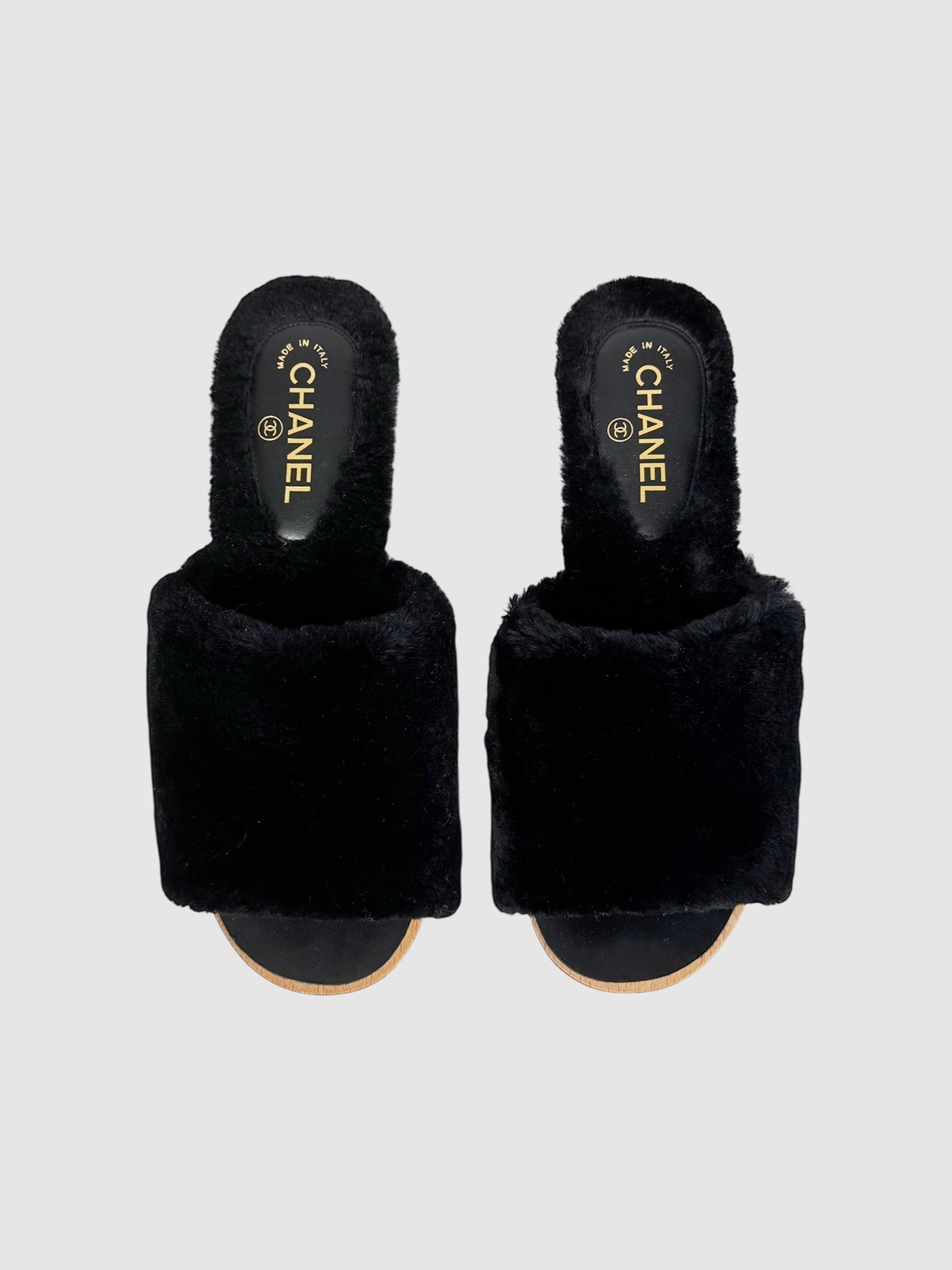 Chanel 2017 Black CC Fur Sandals, Size 40 Luxury Designer Resale Consignment Vintage Secondhand Toronto RealReal