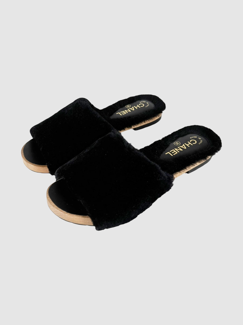 Chanel 2017 Black CC Fur Sandals, Size 40 Luxury Designer Resale Consignment Vintage Secondhand Toronto RealReal