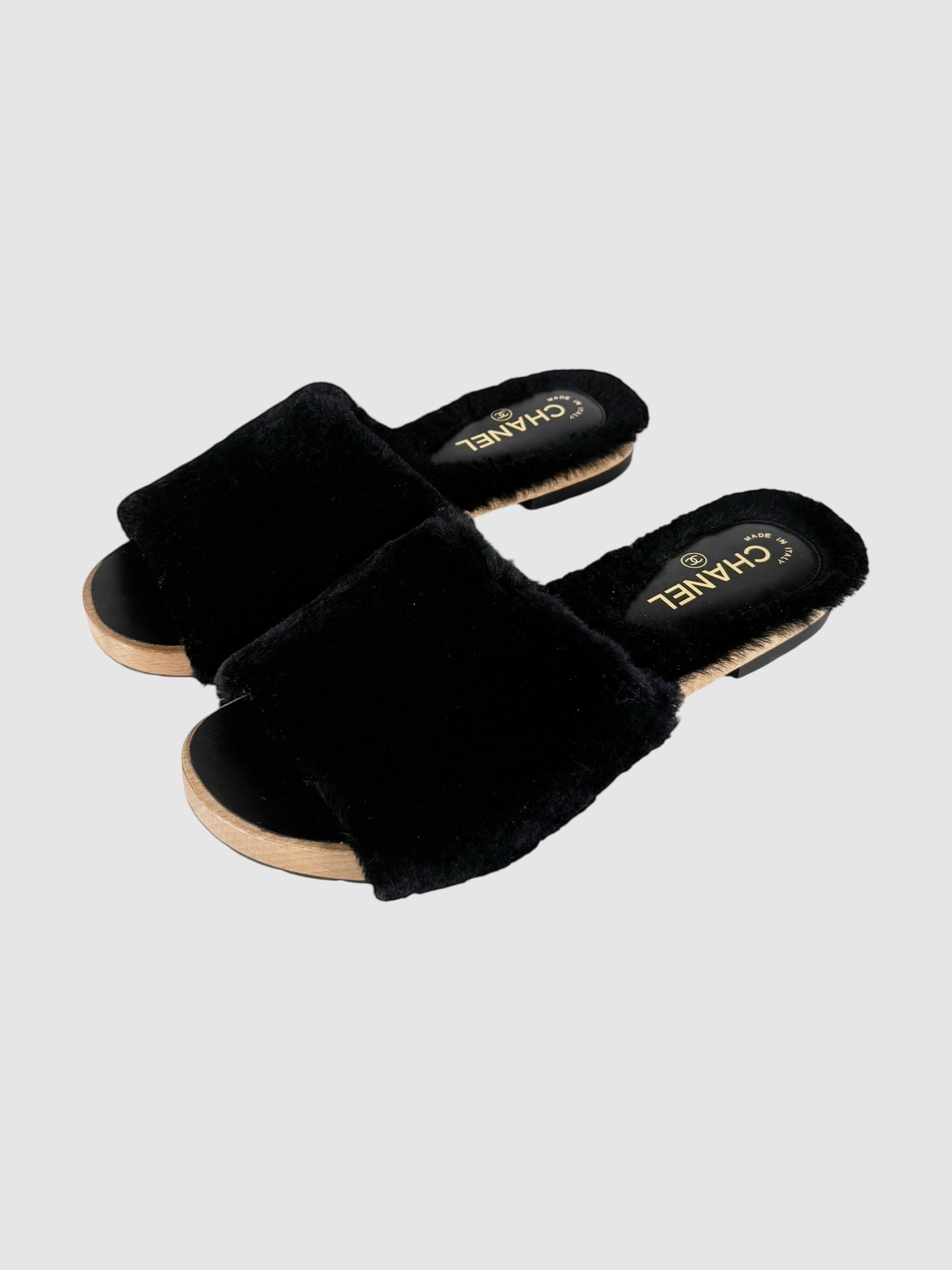 Chanel 2017 Black CC Fur Sandals, Size 40 Luxury Designer Resale Consignment Vintage Secondhand Toronto RealReal