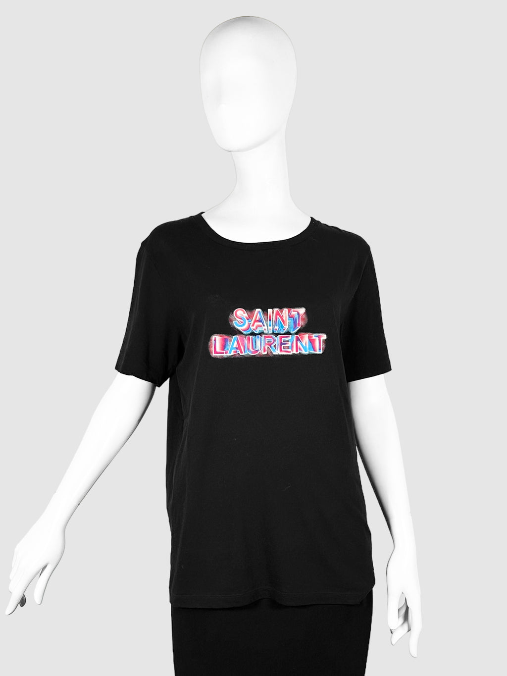 Saint Laurent Black with Red, Blue, and White Graphic Logo Short Sleeve Top Size Medium Consignment Secondhand Designer Luxury Resale Toronto Trendy