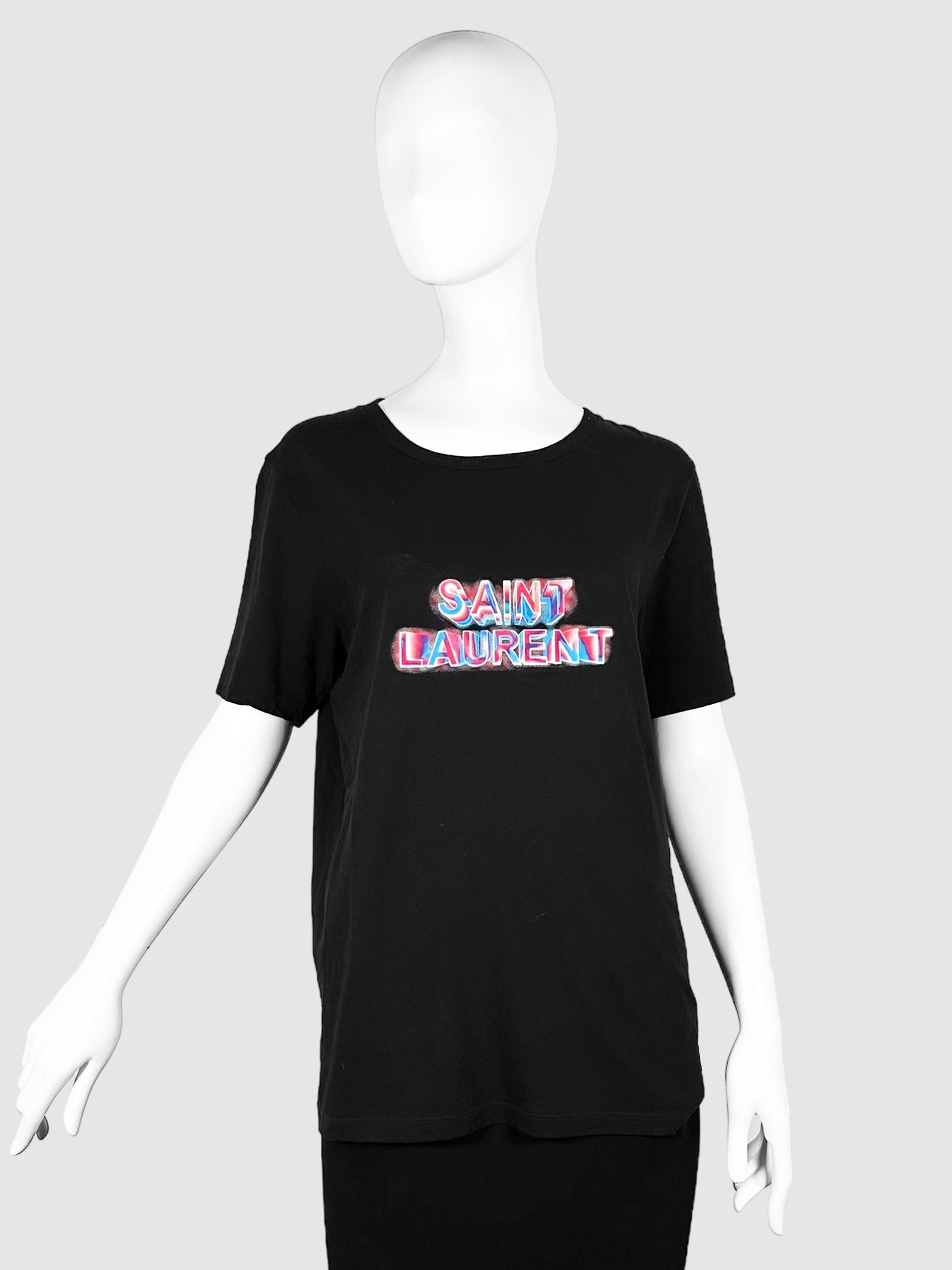 Saint Laurent Black with Red, Blue, and White Graphic Logo Short Sleeve Top Size Medium Consignment Secondhand Designer Luxury Resale Toronto Trendy