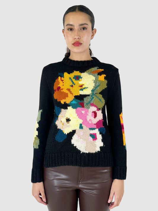 Wool Flower Design Knit Sweater - Size S