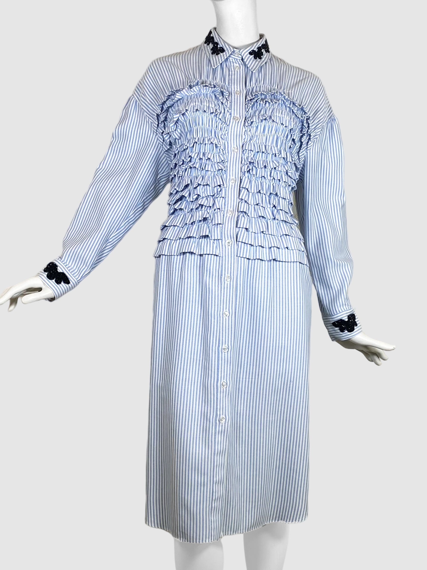 Simone Rocha Striped Beaded Embroidery Shirt Dress - Size 10