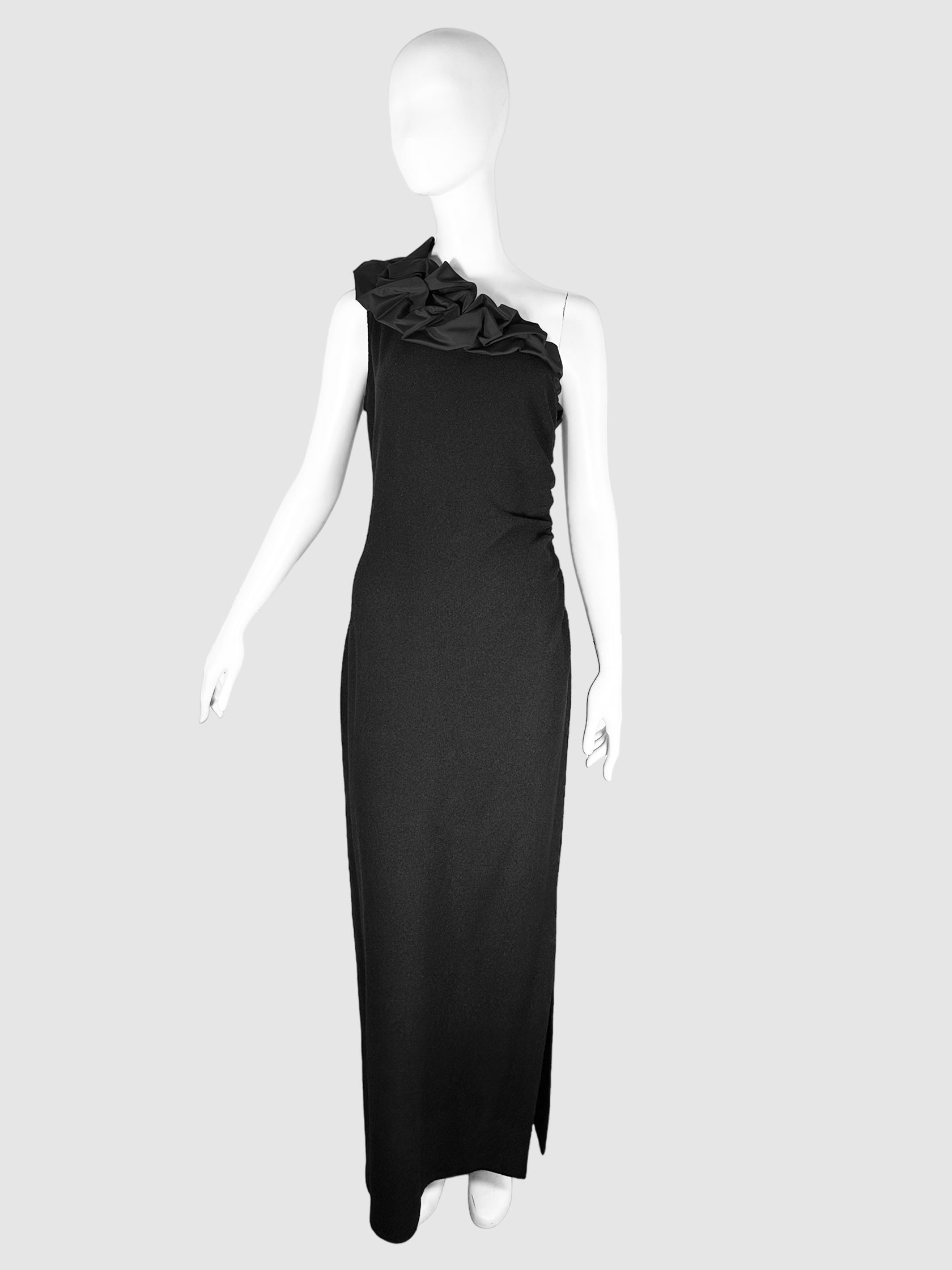 St. John Black One Ruffled Shoulder Evening Dress Size 8 Consignment Secondhand Designer Luxury Resale Toronto Trendy