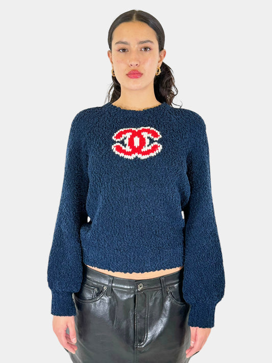 Chanel Navy Blue, White, and Red 2019 CC Logo Graphic Teddy Sweater Size 40 Designer Luxury Resale Consignment Toronto