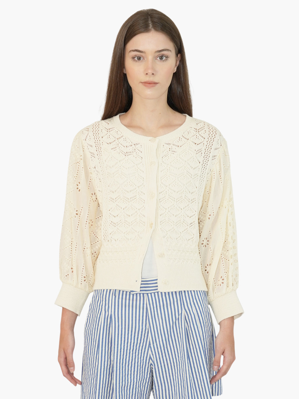 Eyelet Button-Up Sweater