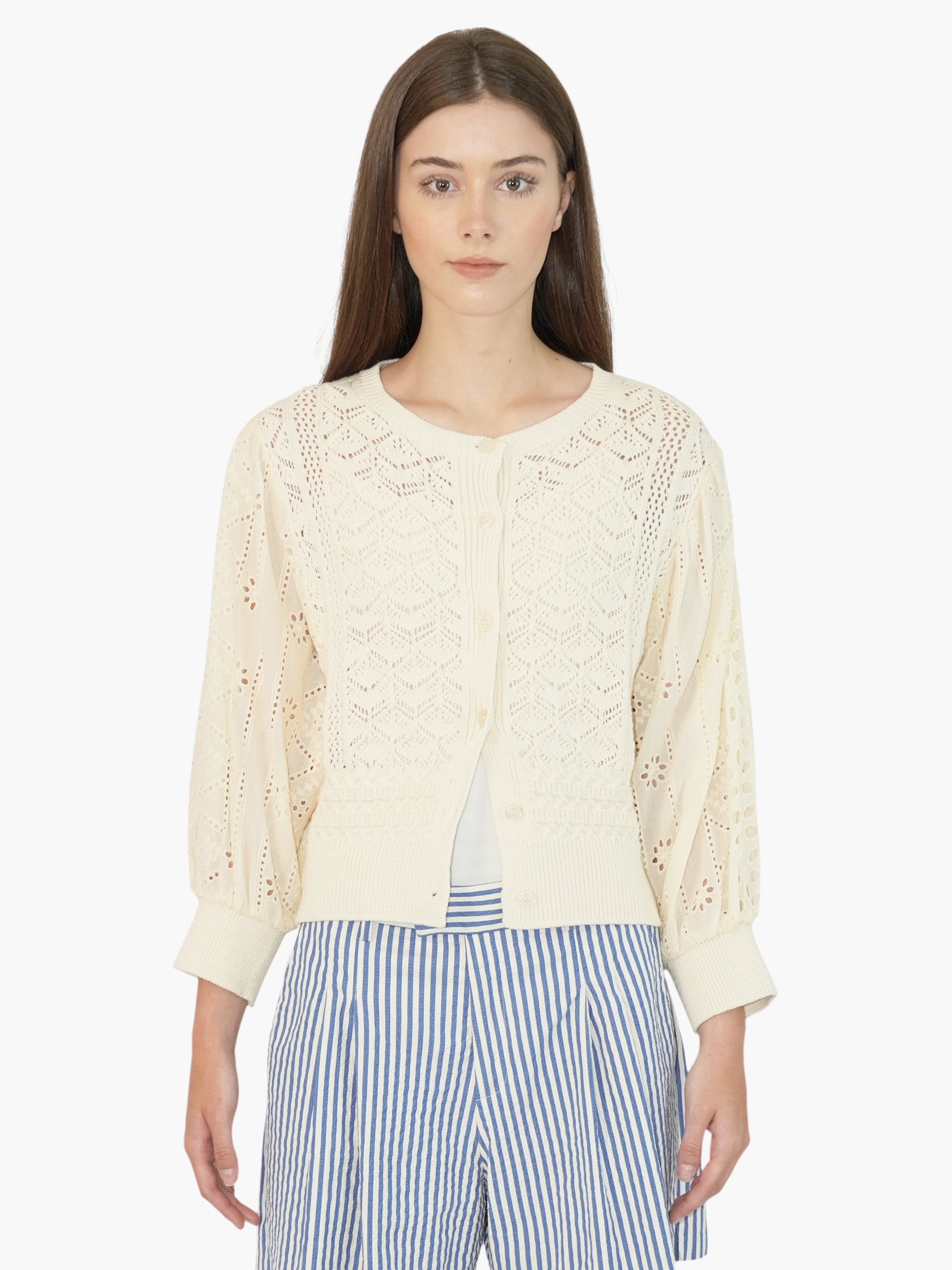 Eyelet Button-Up Sweater