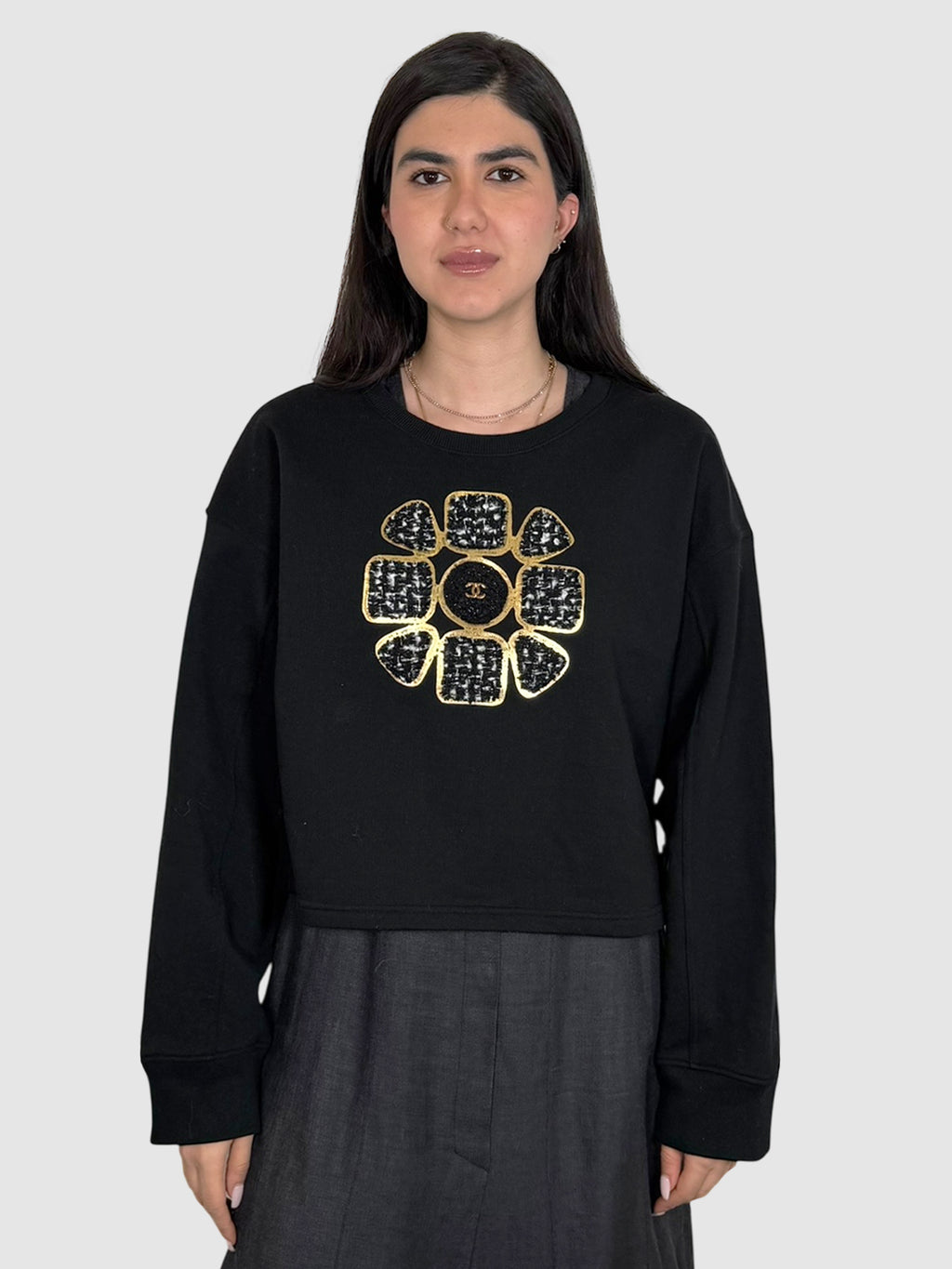Chanel Black Tweed Floral Embroidered CC Crewneck Sweater, Size Extra Large luxury designer resale consignment toronto canada