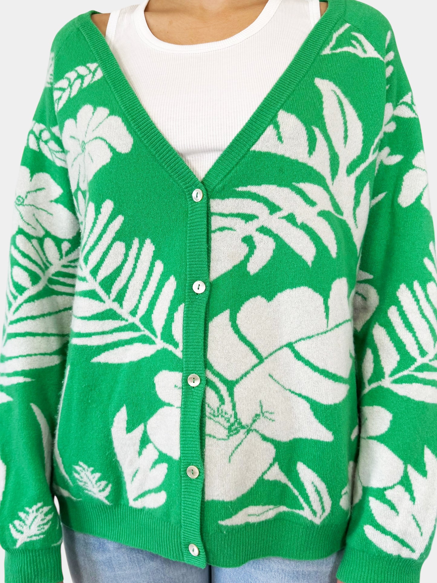 Leaf Print Cashmere Cardigan - Size M/L