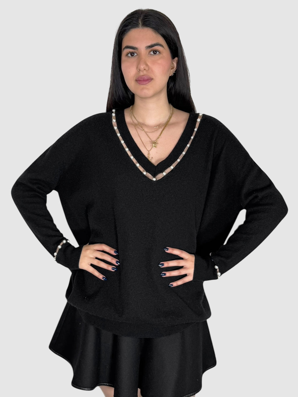 Givenchy Black V-Neck Wool Silk Cashmere Blend Sweater with Faux Pearl Details, Size Small Luxury Designer Resale Top Consignment Toronto Secondhand Canada