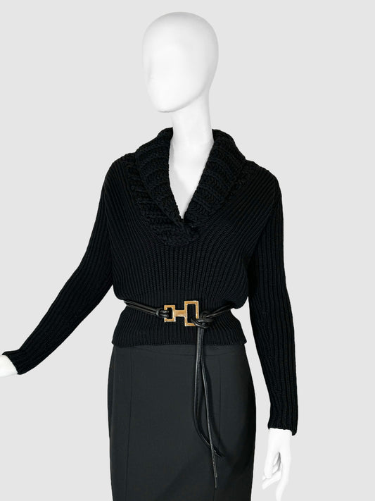 Wool V-Neck Sweater with Belt - Size S