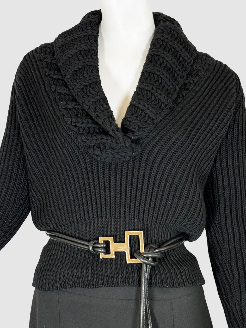 Wool V-Neck Sweater with Belt - Size S