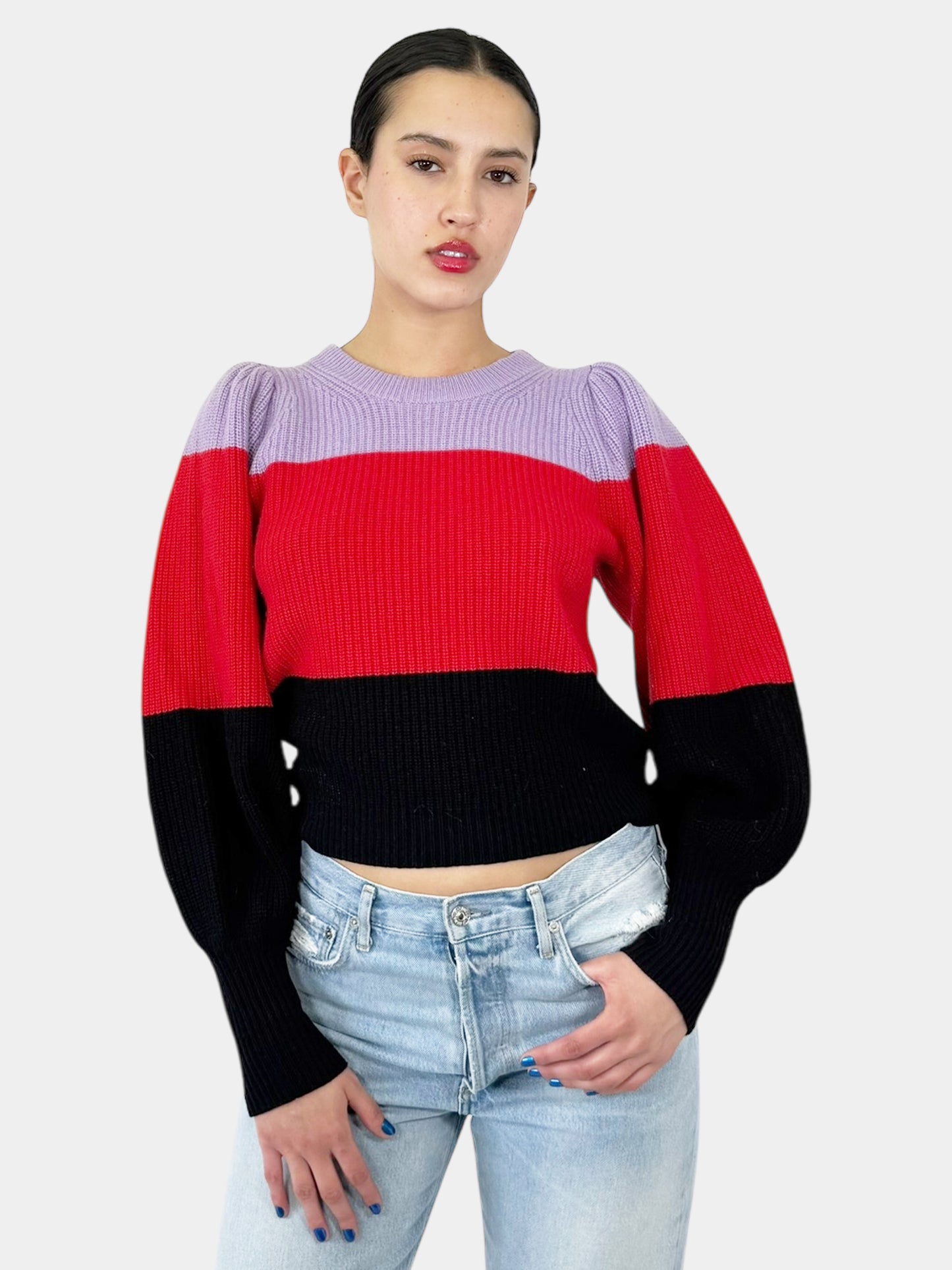 Striped Puff Sleeve Sweater - Size S