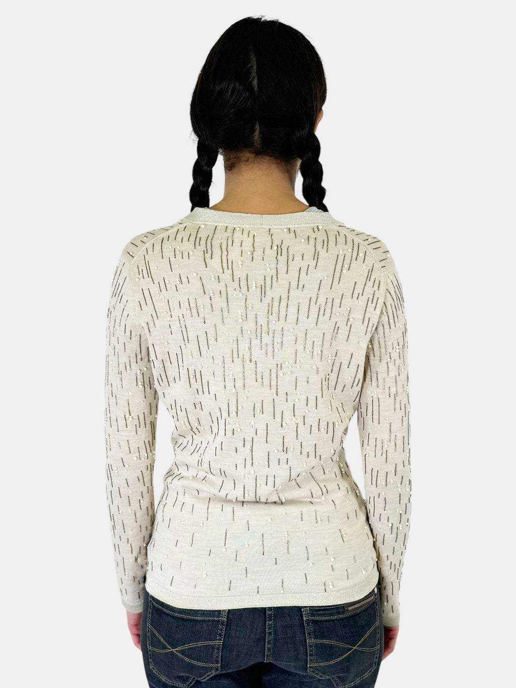 Beaded Shimmer Trim Wool Cardigan - Size S