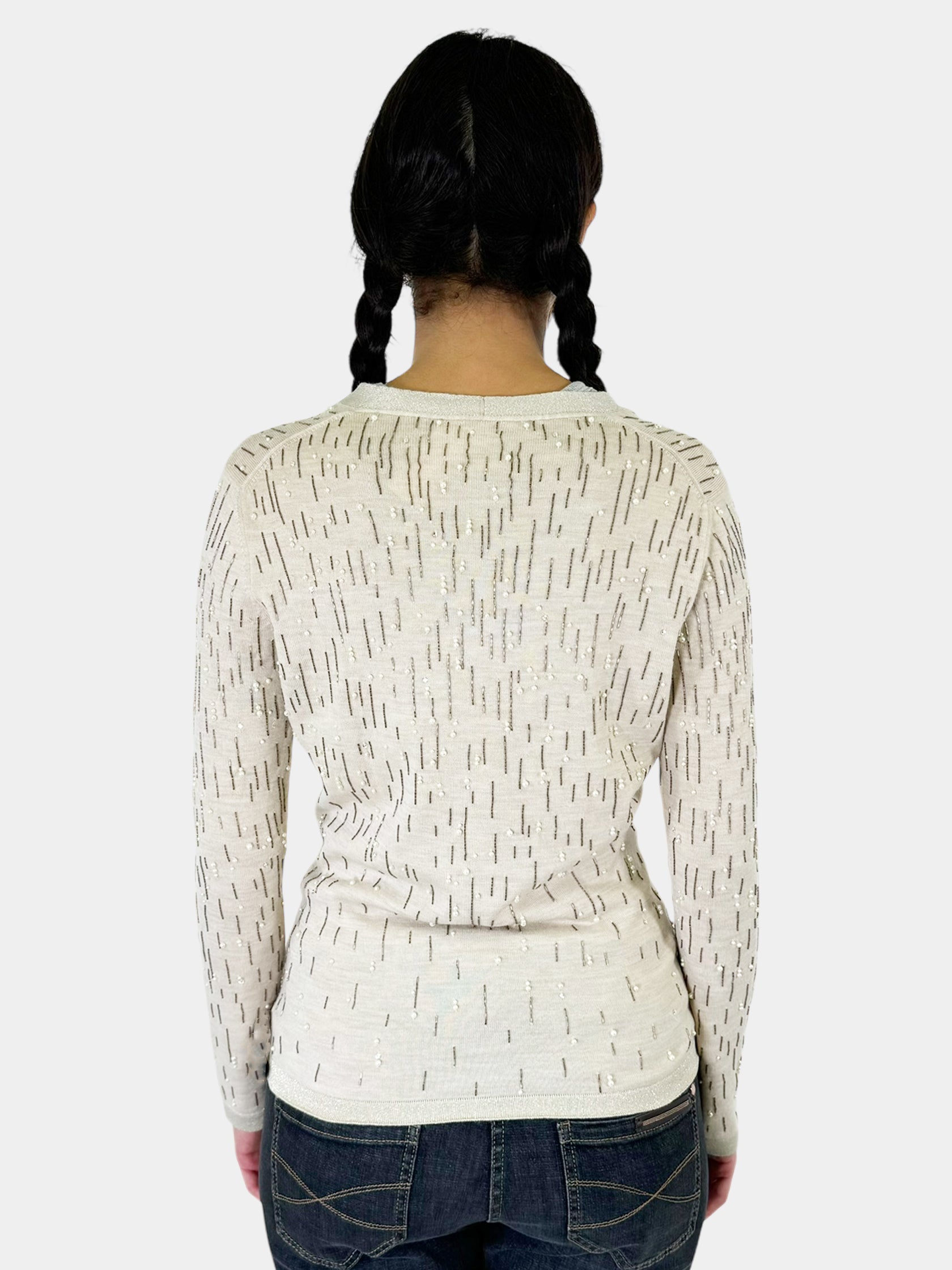 Beaded Shimmer Trim Wool Cardigan - Size S