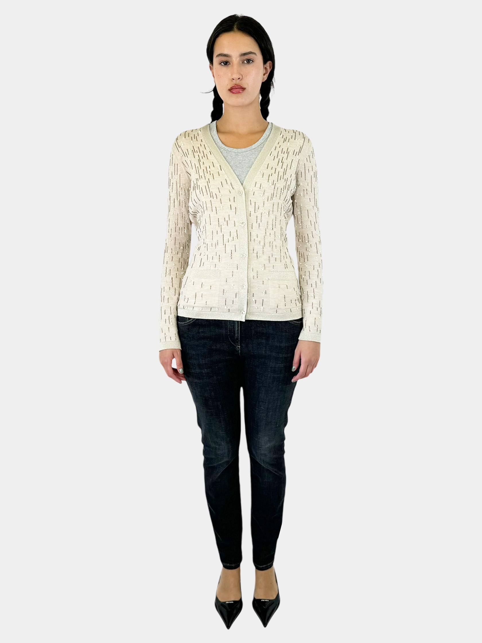 Beaded Shimmer Trim Wool Cardigan - Size S