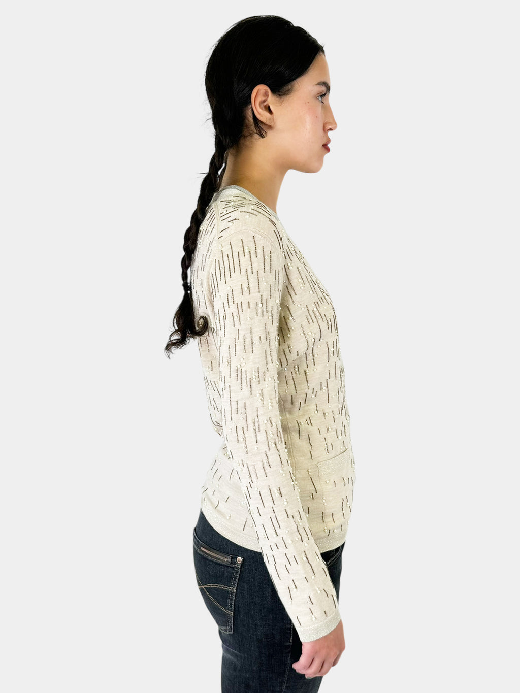 Beaded Shimmer Trim Wool Cardigan - Size S