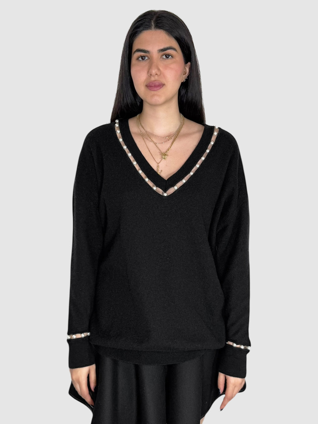 Givenchy Black V-Neck Wool Silk Cashmere Blend Sweater with Faux Pearl Details, Size Small Luxury Designer Resale Top Consignment Toronto Secondhand Canada