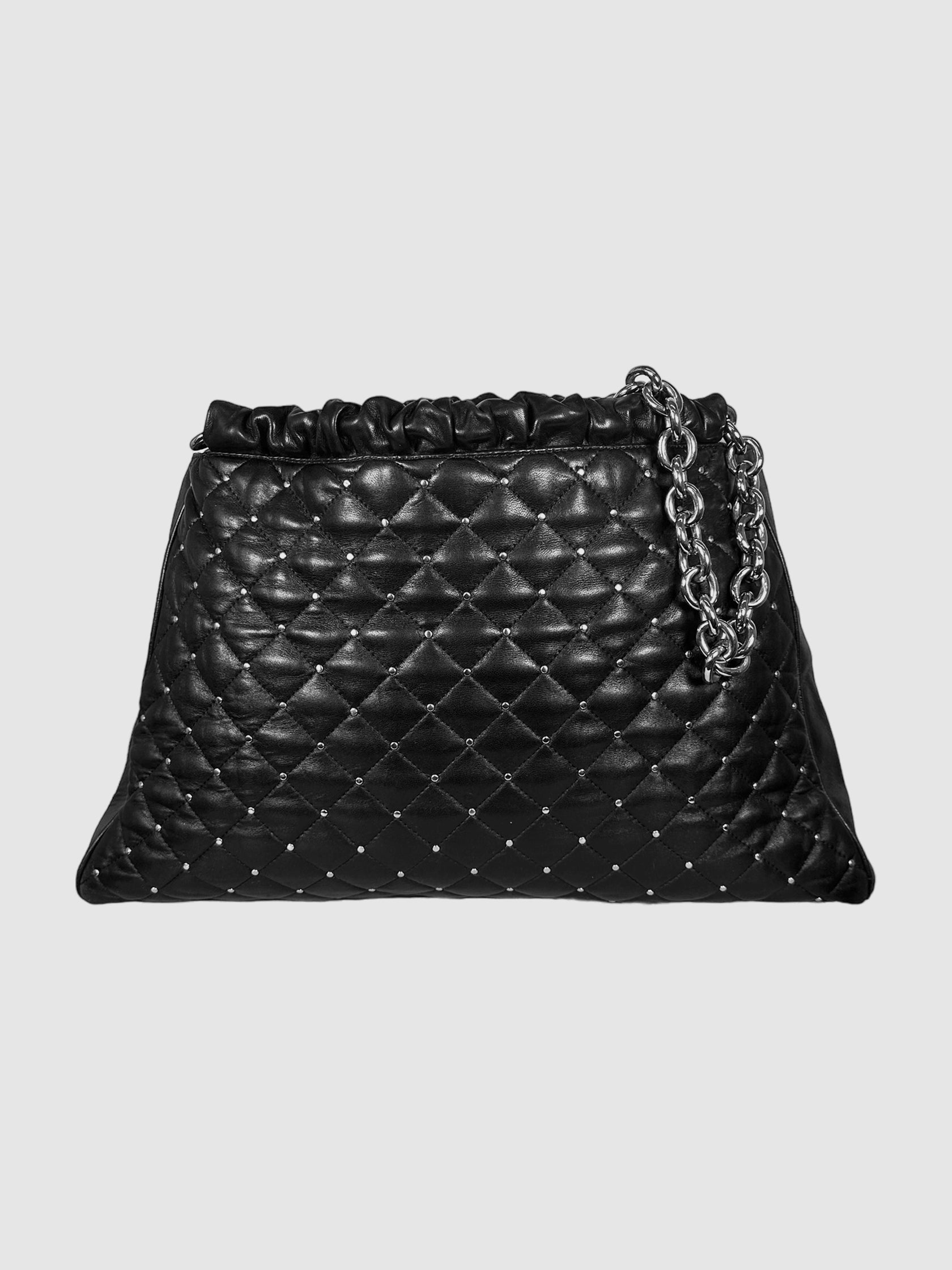 Tiffany & Co. Black Quilted and Studded Leather Tote Bag with Chainlink Shoulder Straps Consignment Secondhand Designer Luxury Resale Toronto Trendy