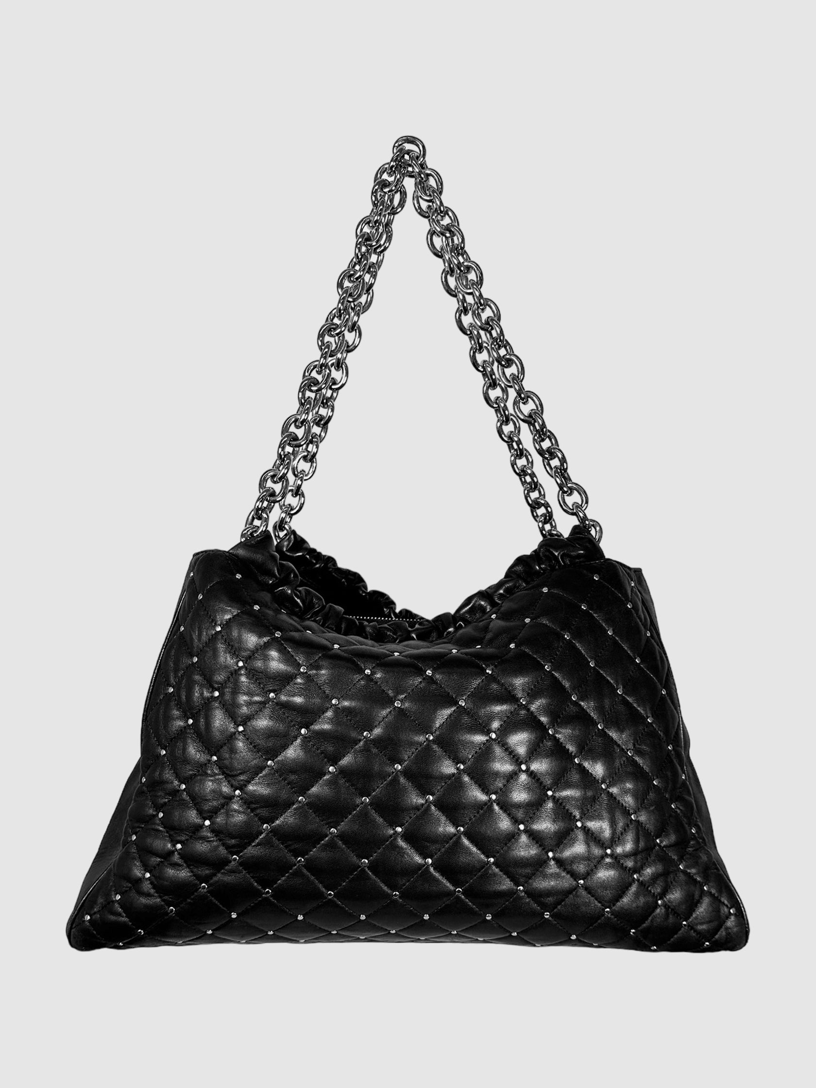 Tiffany & Co. Black Quilted and Studded Leather Tote Bag with Chainlink Shoulder Straps Consignment Secondhand Designer Luxury Resale Toronto Trendy