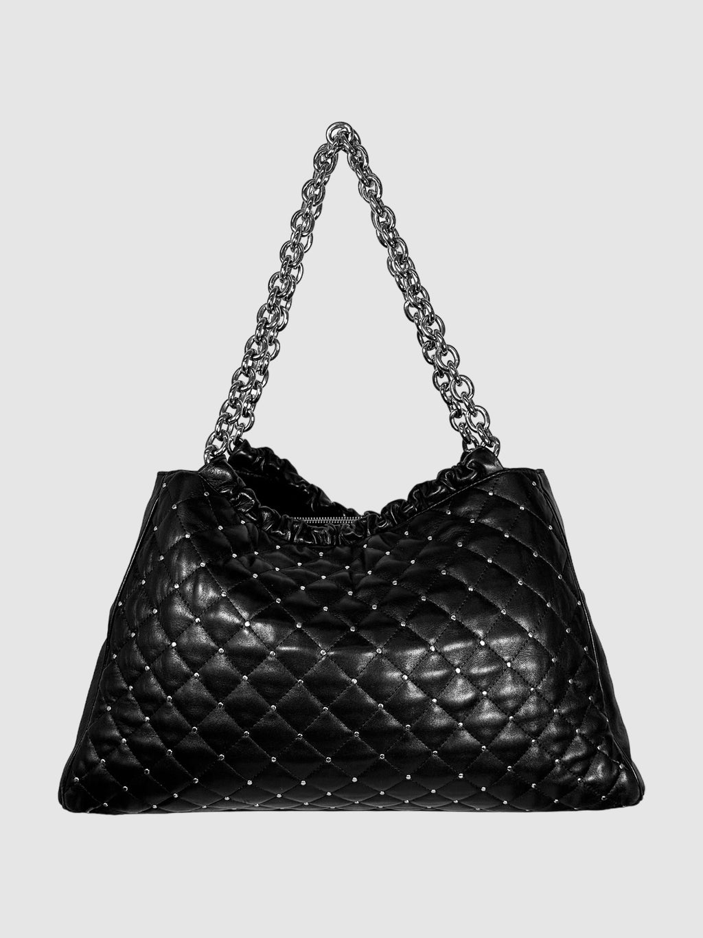 Tiffany & Co. Black Quilted and Studded Leather Tote Bag with Chainlink Shoulder Straps Consignment Secondhand Designer Luxury Resale Toronto Trendy