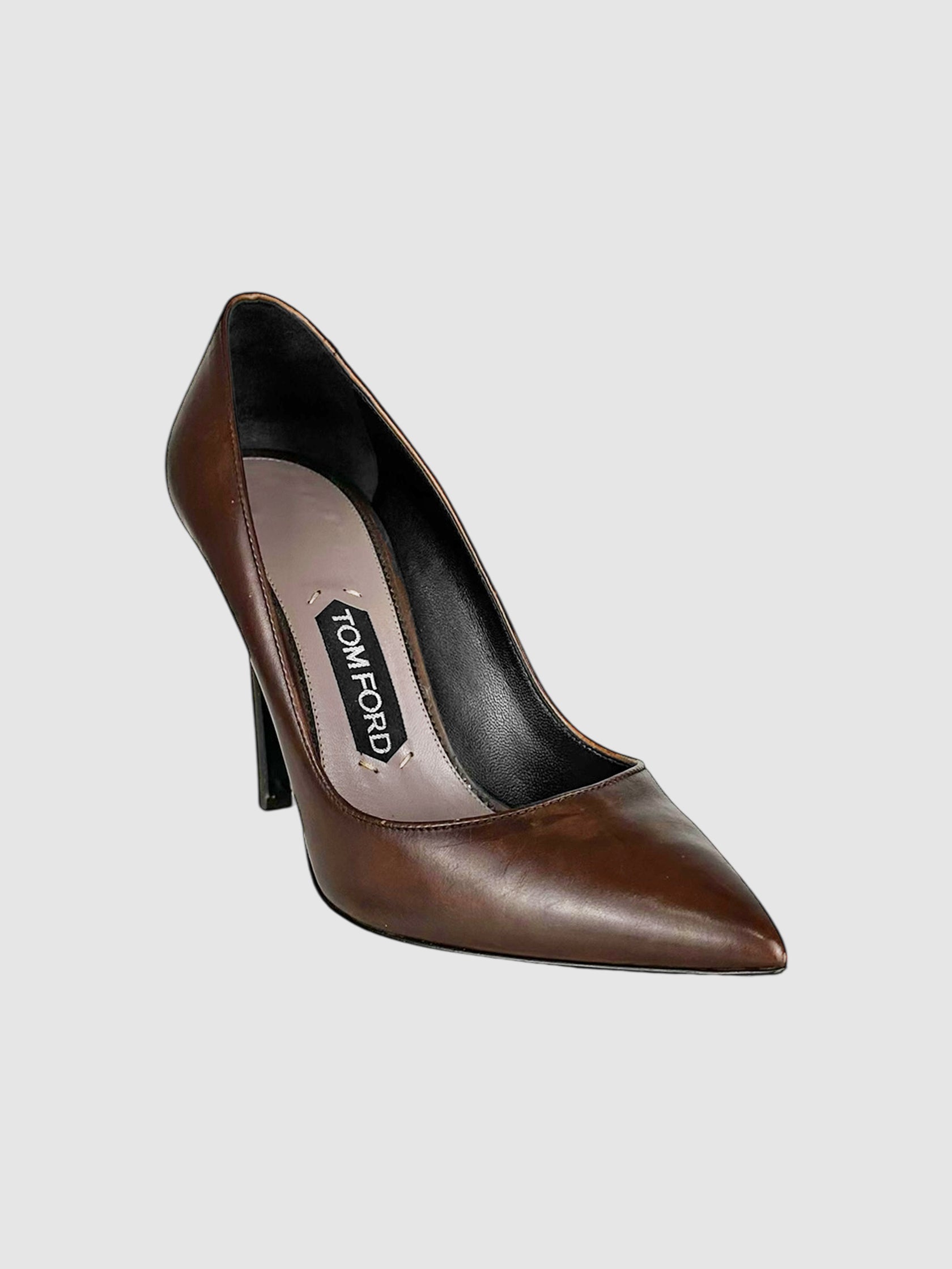 Tom Ford Brown Leather Pointed-Toe Stiletto Pumps - Size IT 38 Luxury Designer Resale Consignment Toronto Secondhand Canada