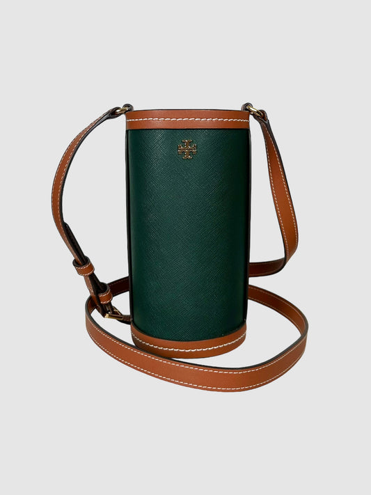 Tory Burch Green and Brown Leather Emerson Water Bottle Holder Bag Consignment Secondhand Designer Luxury Resale Toronto Trendy