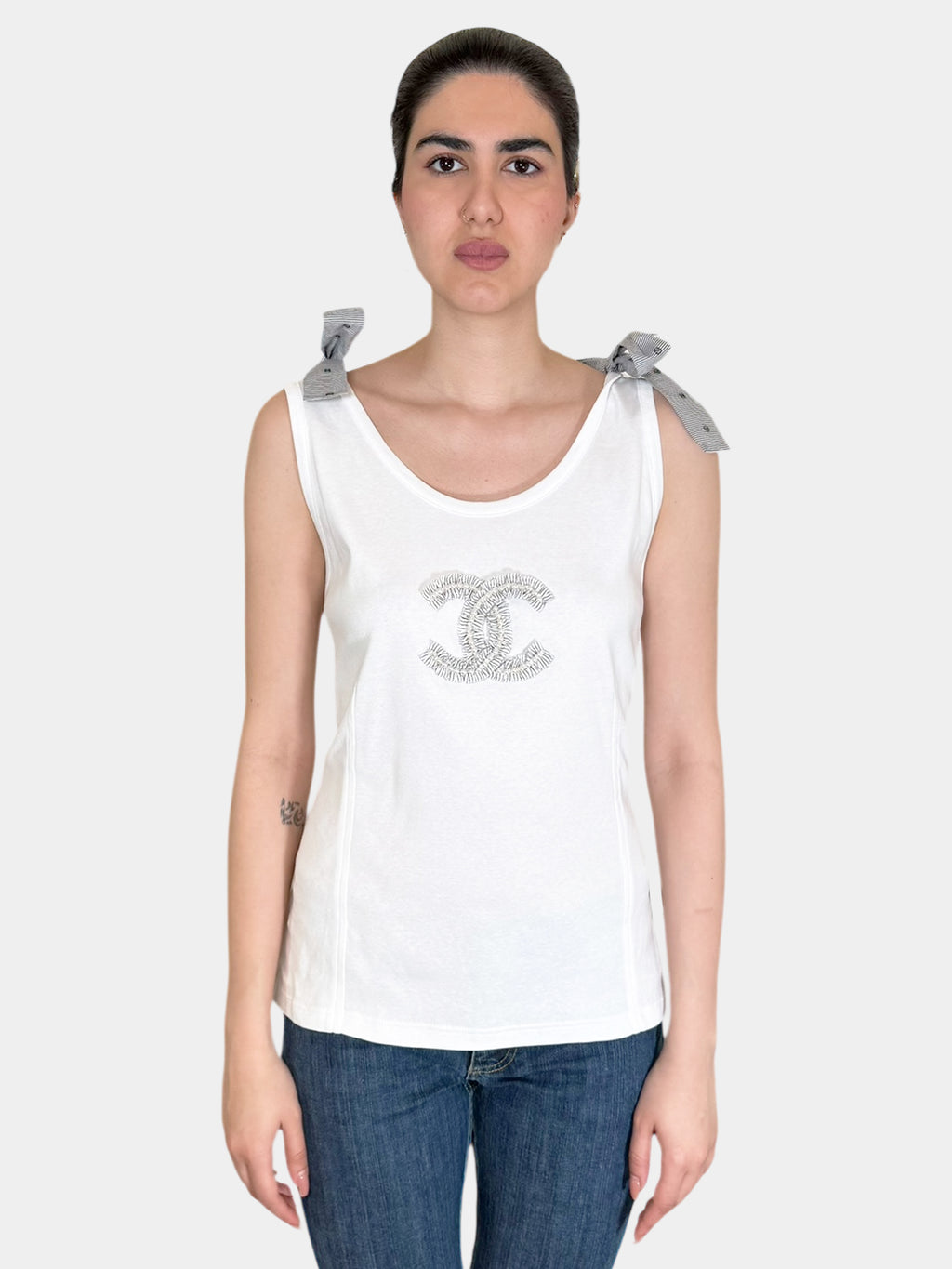 Chanel 2024 White Sleeveless Scoop Neck Double Tie Embroidered and Pearl Embellished CC Tank Top, Size 48 Luxury Designer Resale Consignment Trendy Secondhand Toronto