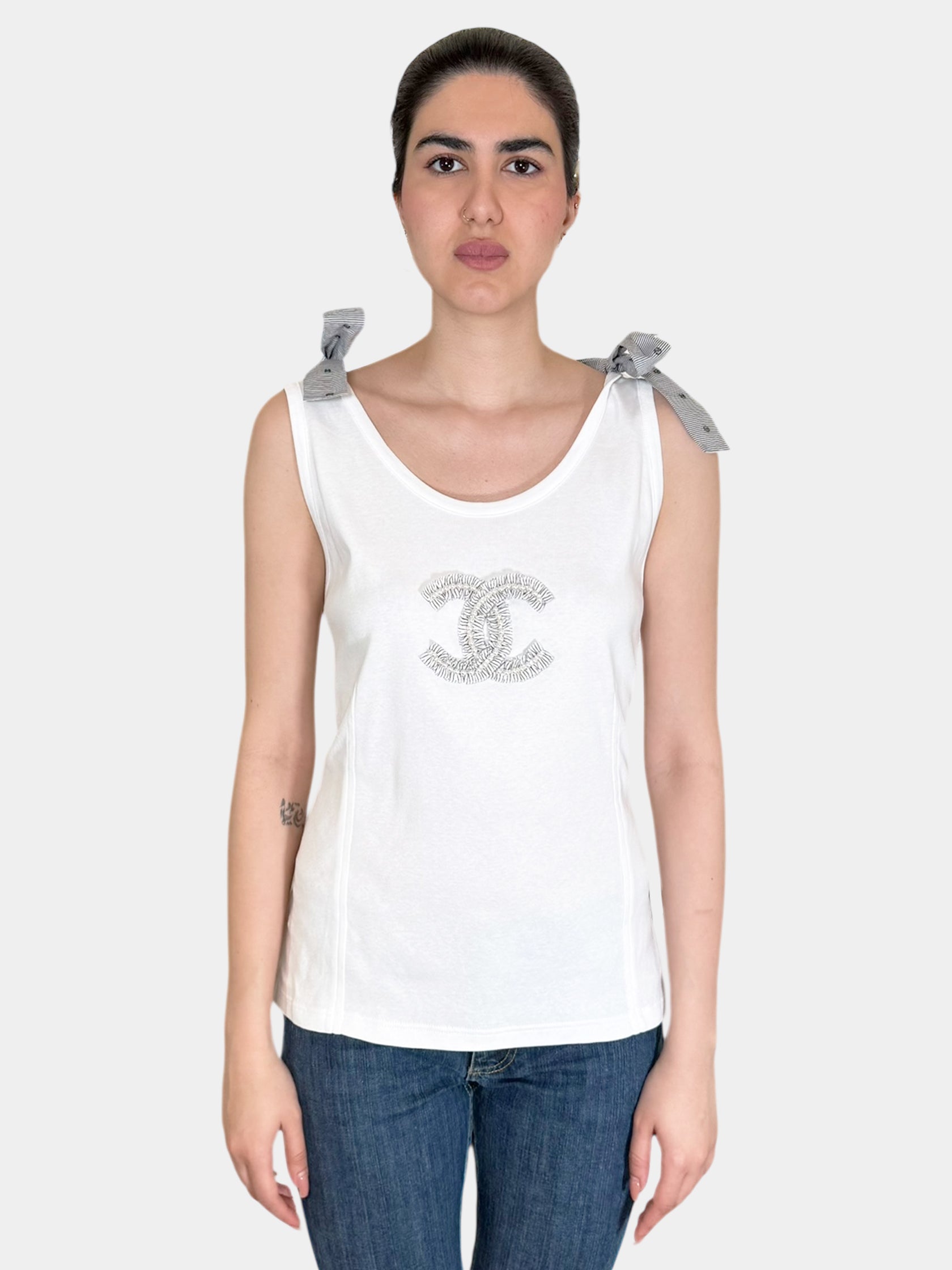 Chanel 2024 White Sleeveless Scoop Neck Double Tie Embroidered and Pearl Embellished CC Tank Top, Size 48 Luxury Designer Resale Consignment Trendy Secondhand Toronto