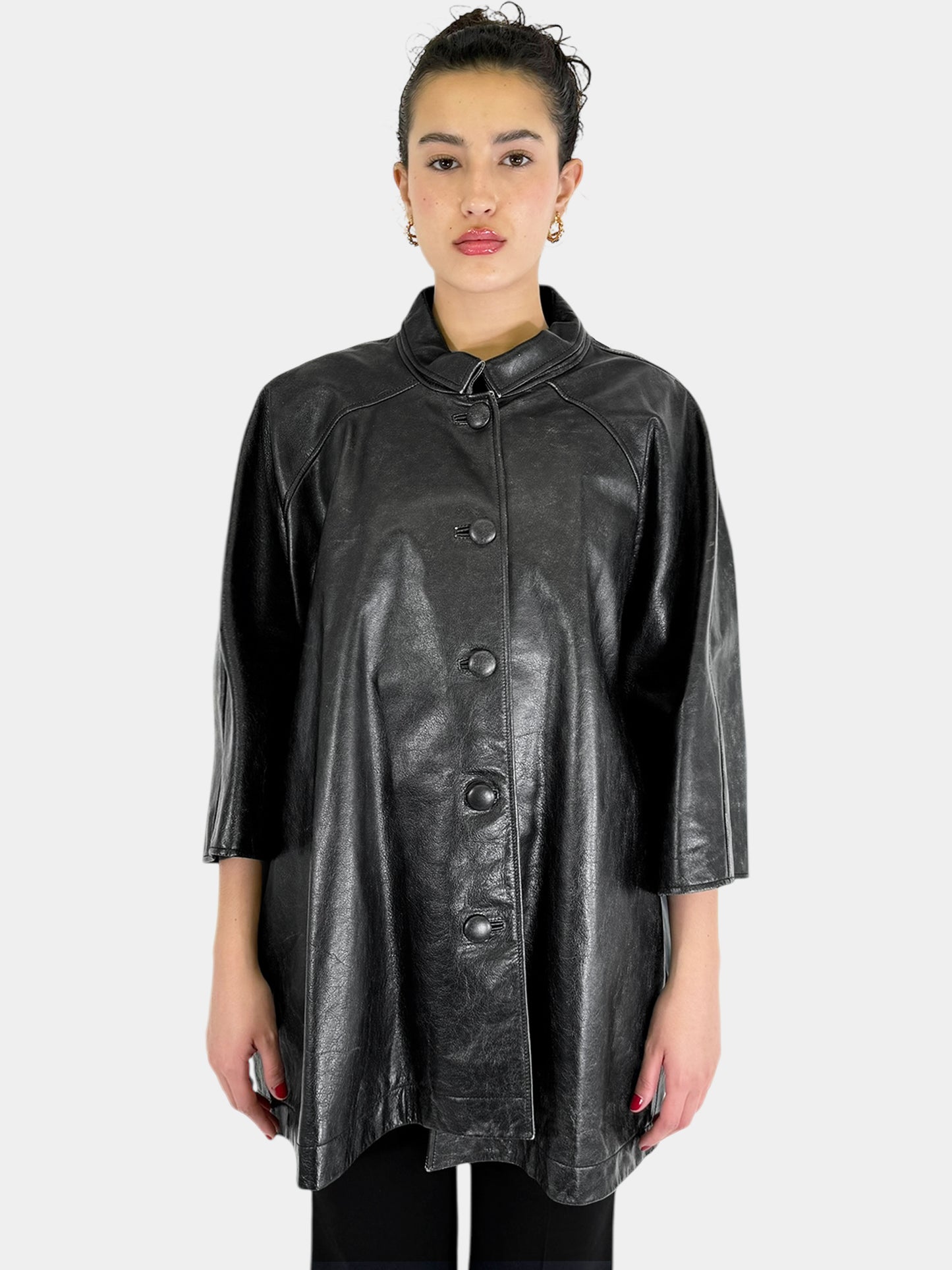 Balenciaga Black with White Painted Logo Asymmetrical Leather Button-Up Short Sleeve Coat, Size 36 Luxury Designer Resale Consignment Toronto Canada