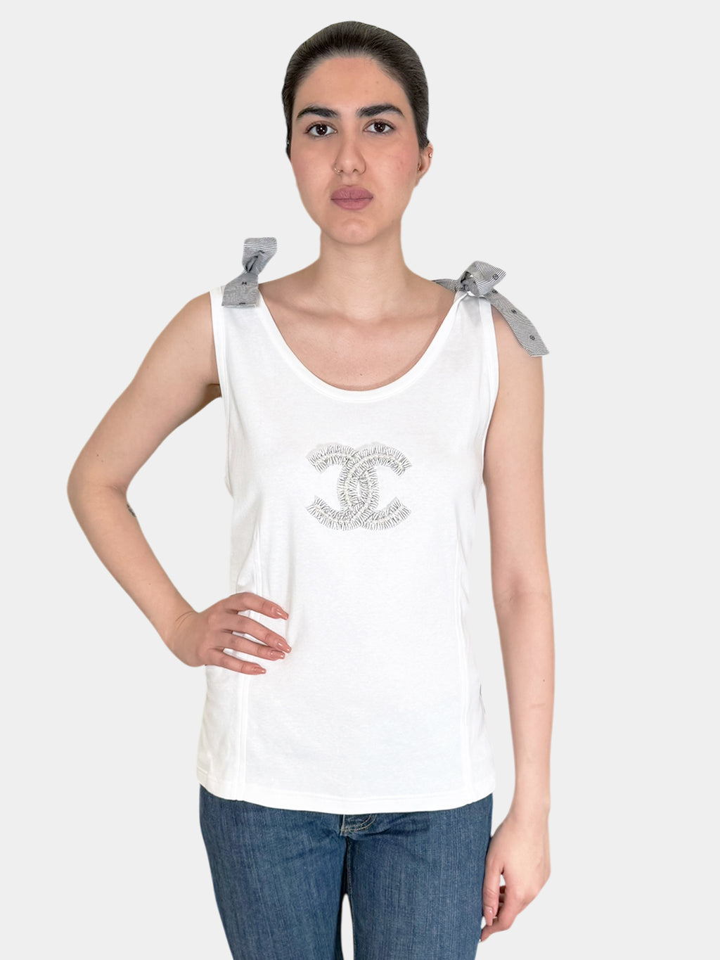 Chanel 2024 White Sleeveless Scoop Neck Double Tie Embroidered and Pearl Embellished CC Tank Top, Size 48 Luxury Designer Resale Consignment Trendy Secondhand Toronto