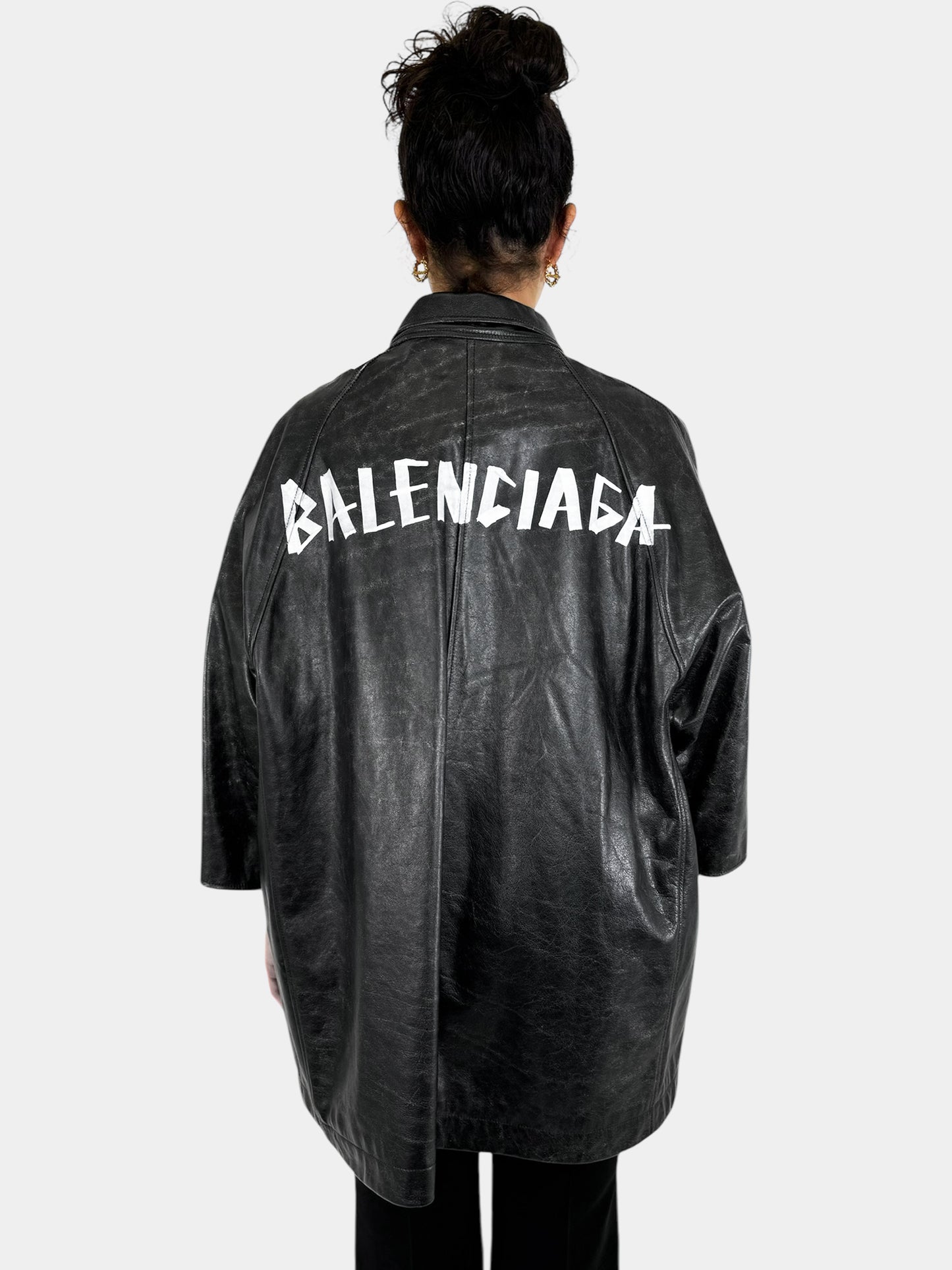 Balenciaga Black with White Painted Logo Asymmetrical Leather Button-Up Short Sleeve Coat, Size 36 Luxury Designer Resale Consignment Toronto Canada