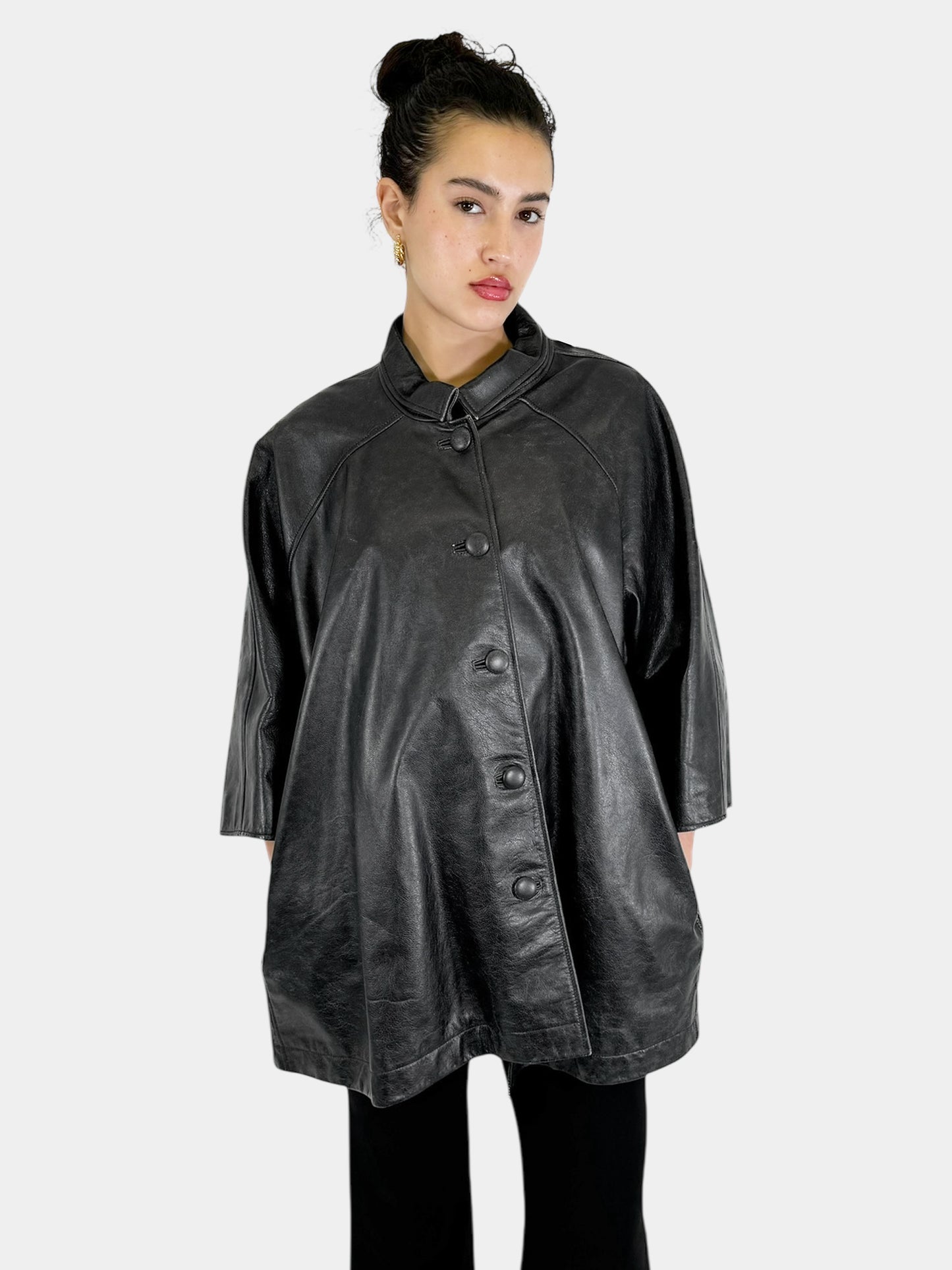 Balenciaga Black with White Painted Logo Asymmetrical Leather Button-Up Short Sleeve Coat, Size 36 Luxury Designer Resale Consignment Toronto Canada