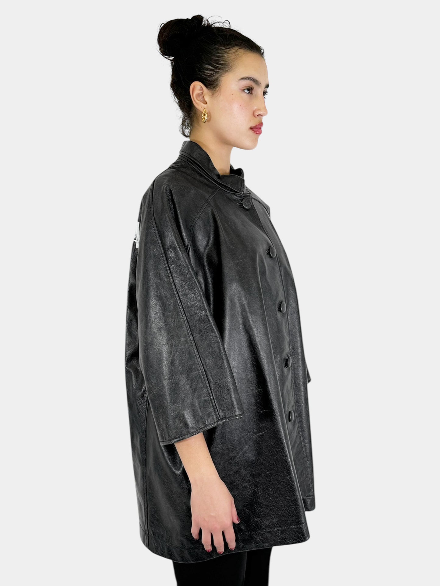 Painted Logo Asymmetrical Leather Coat - Size 36