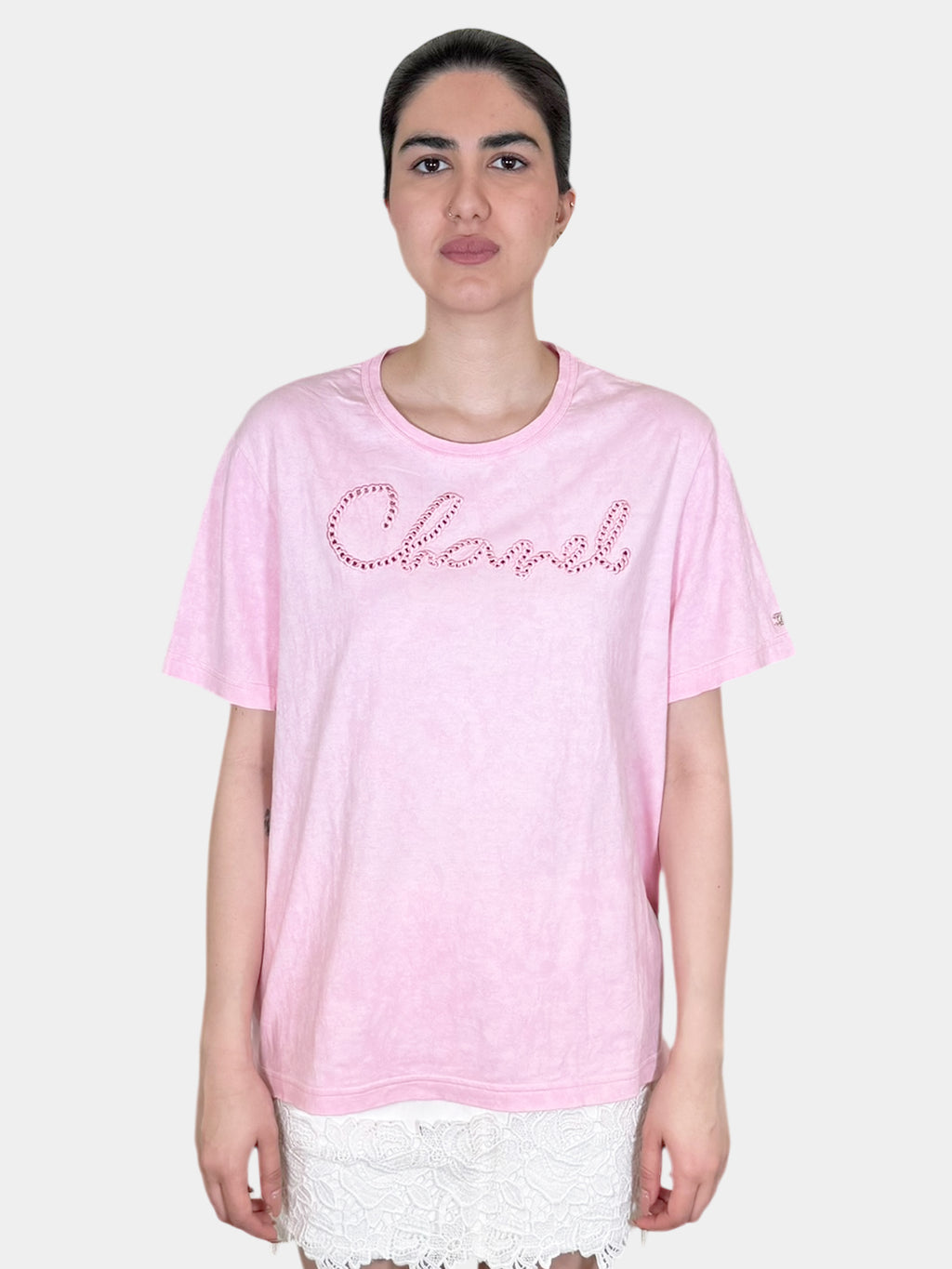 Chanel 2020 Pink Tie-Dye Short Sleeve Embroidered Logo T-Shirt, Size 46 Luxury Designer Resale Consignment Secondhand Vintage Toronto